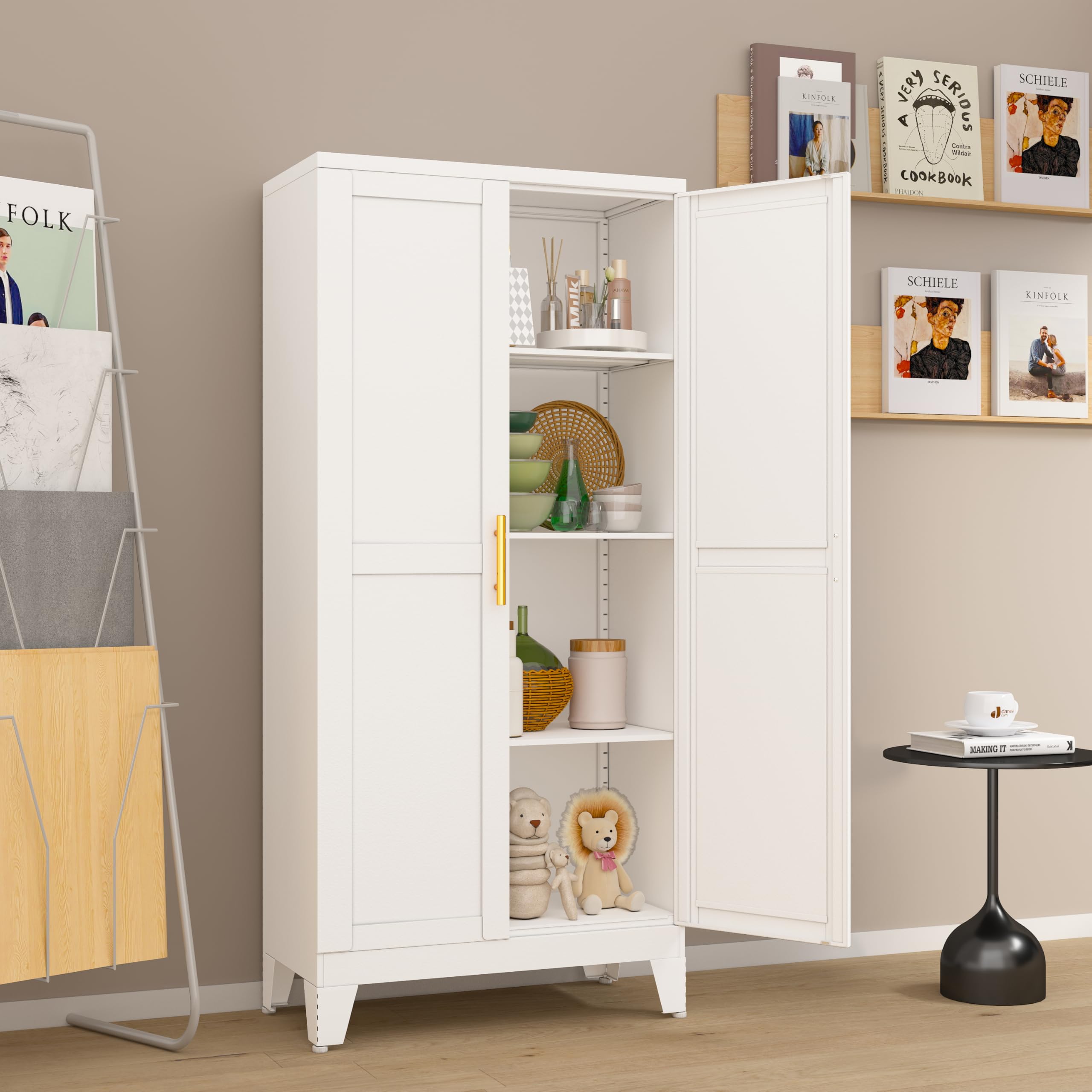 White Metal Pantry Cabinet with 2 Doors & Adjustable Shelves - Kitchen Storage Cabinet with Gold Handles for Laundry, Living Room, Bathroom & Dining Room - Perfect for Organizing Spices, Linens & Household Items