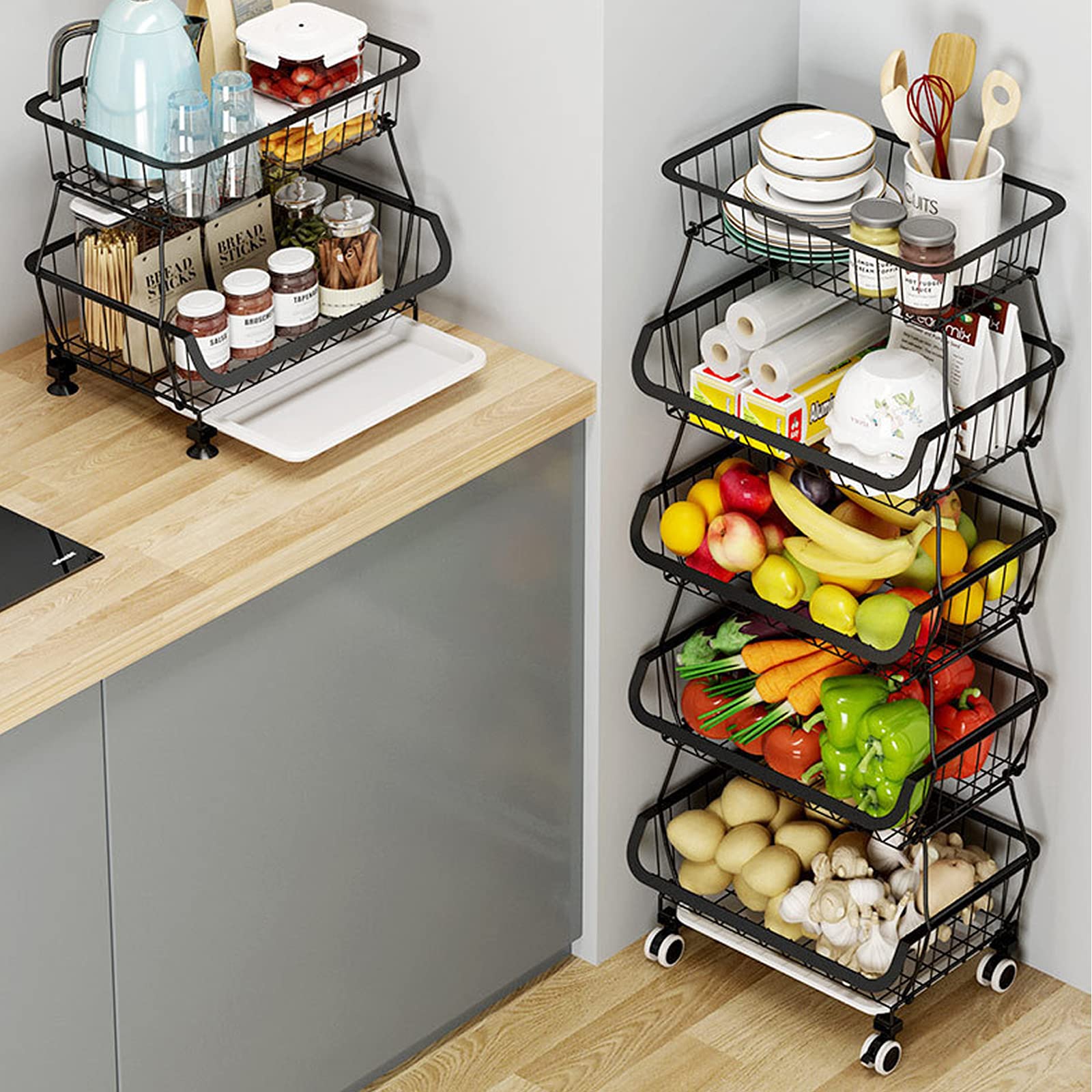 Metal Wire Baskets with Wheels - Stackable Storage Bins & Kitchen Organizer Shelf (3-6 Tier) for Fruits, Vegetables, Dishes | Garage, Pantry, Bathroom Storage Solution | Perfect for Seasonal Produce Organization & Home Decluttering