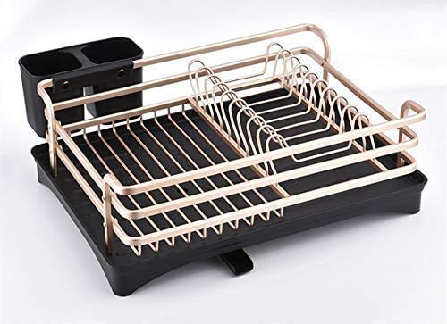 Premium Stainless Steel & Aluminum Dish Drainer Rack - 1-Tier Gold Kitchen Sink Organizer with Cutlery Holder | Space-Saving Countertop Storage for Dishes, Utensils & Kitchen Accessories | Ideal for Small Kitchens, Apartments & RV Use