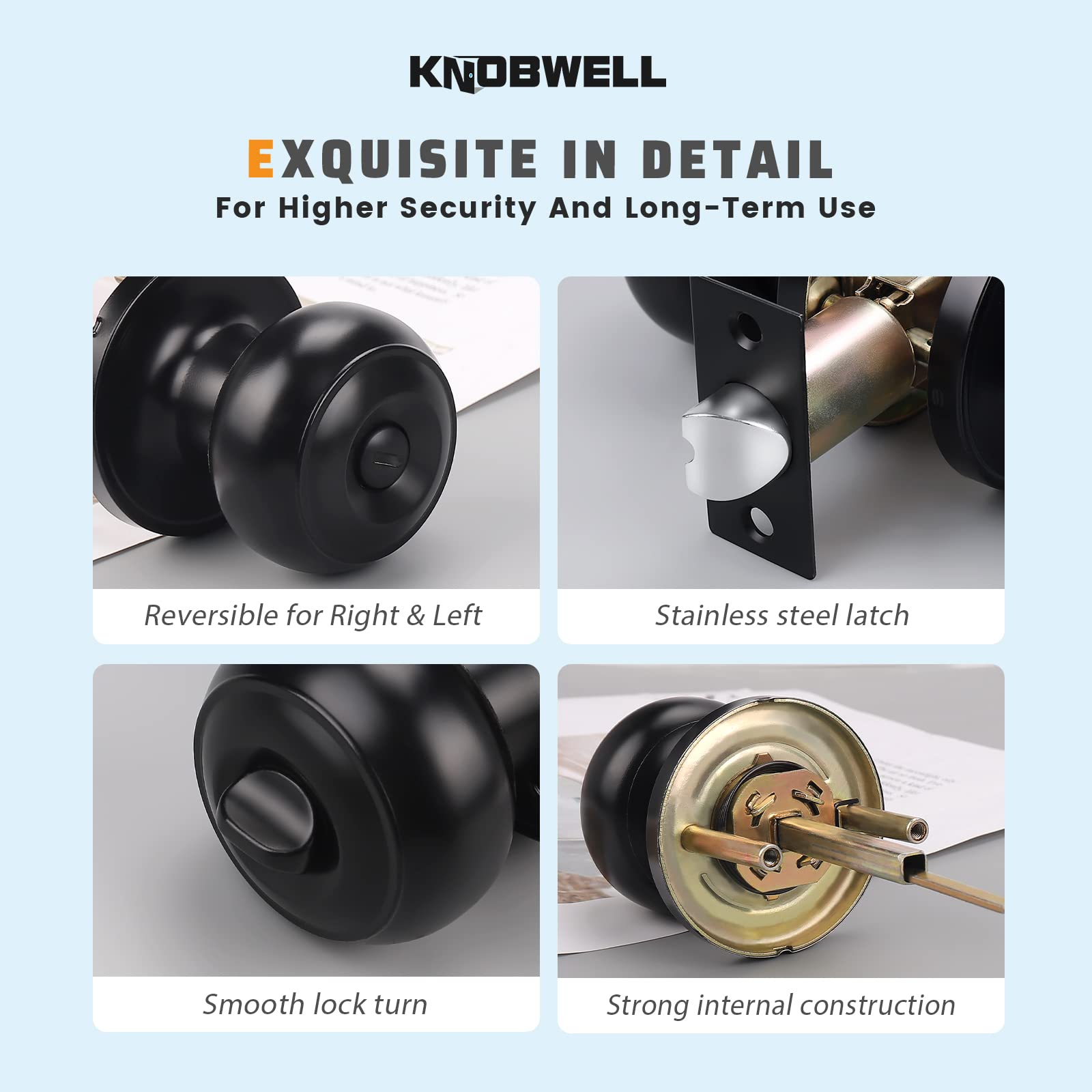 KNOBWELL 10-Pack Black Privacy Door Knobs with Lock - Keyless Interior Door Handle Locksets for Bedroom & Bathroom | Secure & Stylish Home Privacy Solution