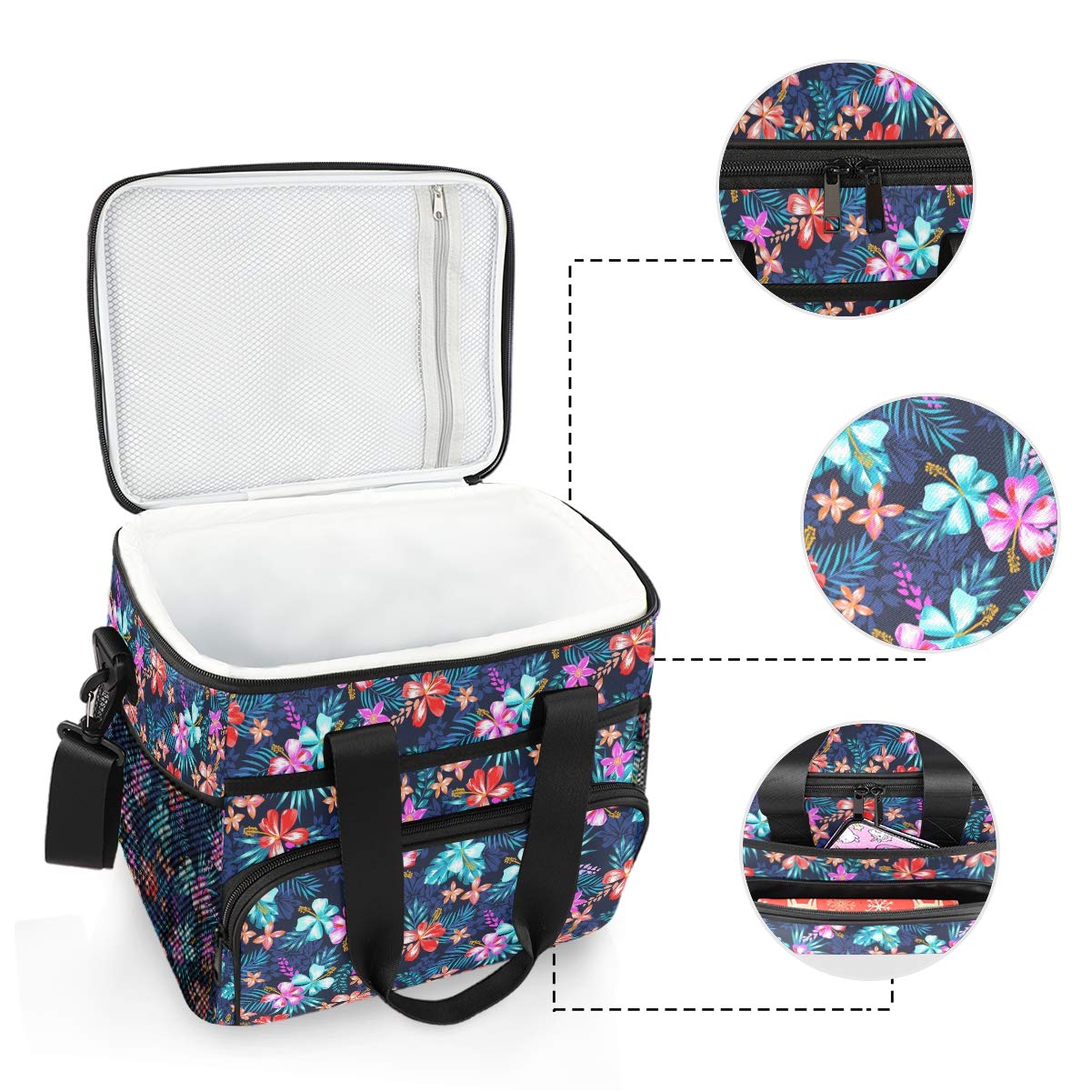 15L Leakproof Insulated Cooler Lunch Bag for Office, Work, Picnic, Hiking & Beach - Reusable Lunch Box Organizer with Adjustable Shoulder Strap - Tropical Palm Flower Design - Perfect for Meal Prep, Camping & Outdoor Adventures