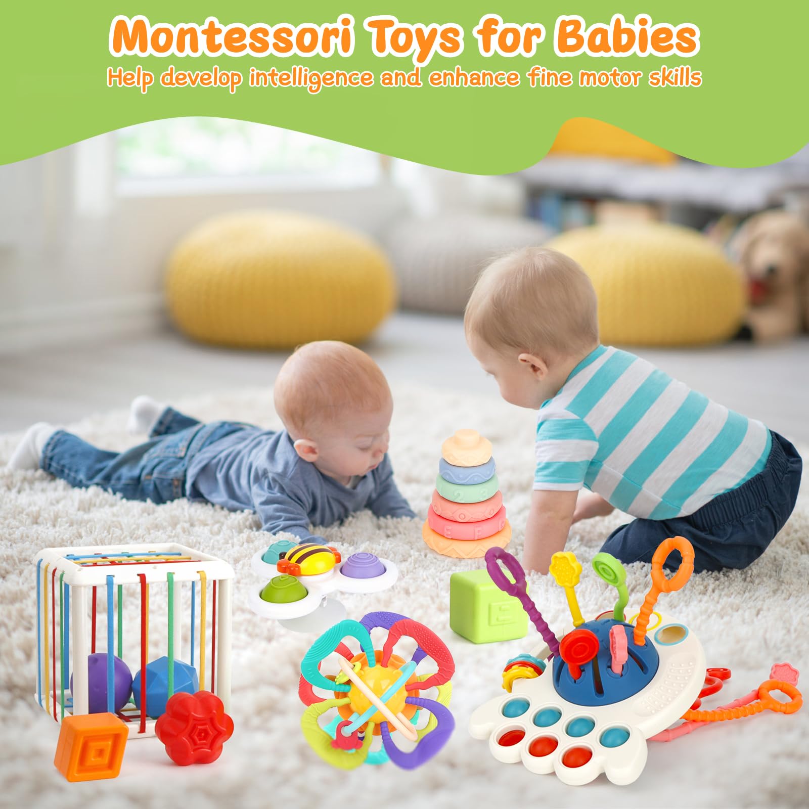 Montessori Baby Toys for 6-12 Months - 5-in-1 Developmental Toy Set with Teething Ring, Stacking Cups, Sensory Shapes & Suction Spinner - Perfect Learning Gift for Infants 6-18 Months | Great for Daycare, Playtime & Early Childhood Education