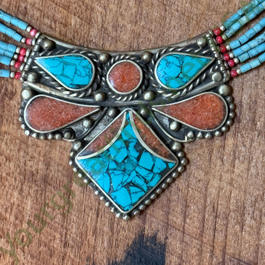 Handmade Tibetan Alpaca Silver Necklace with Turquoise & Coral Beads - Boho Chic Jewelry for Women, Perfect for Festivals, Weddings & Layering