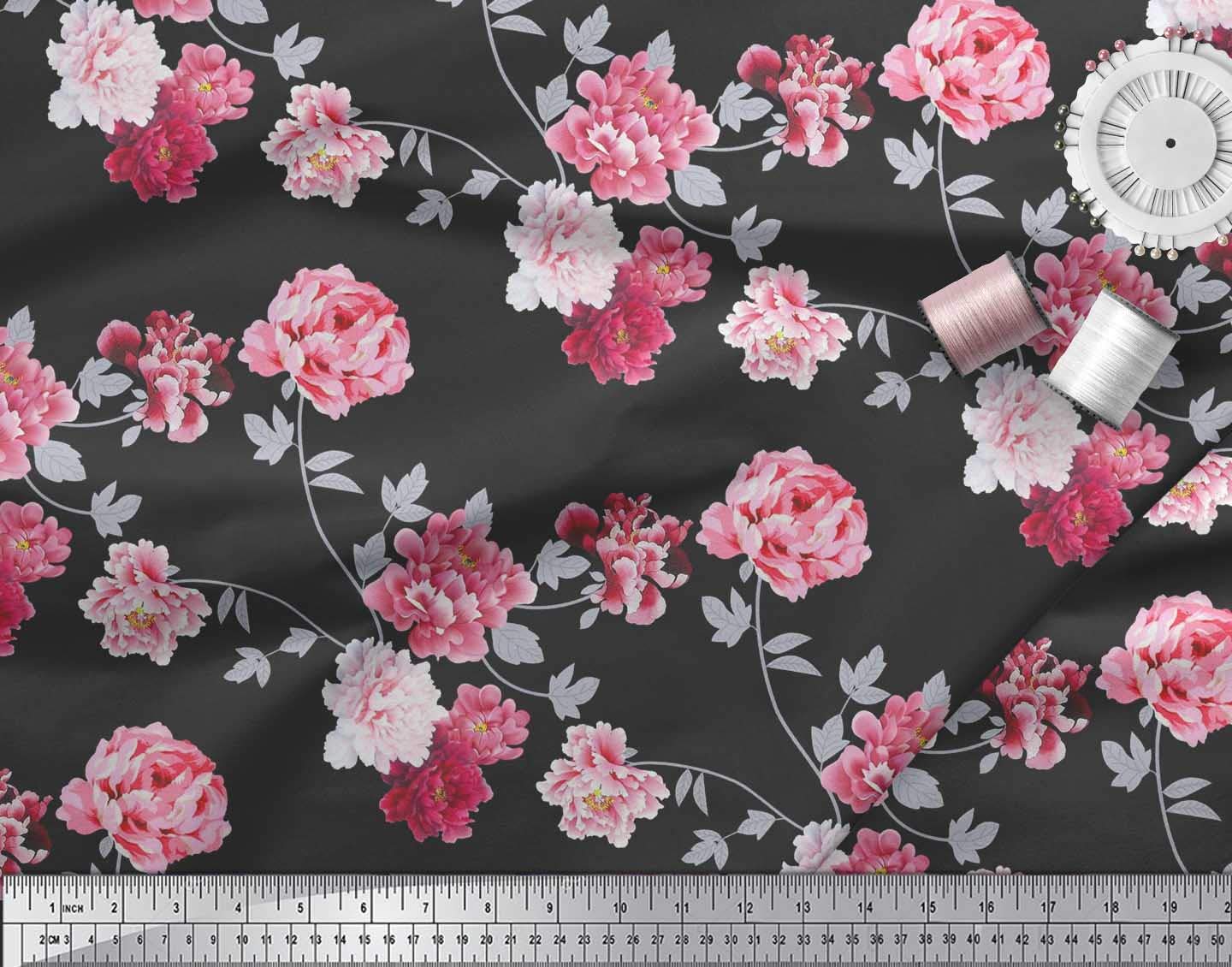Soimoi Moss Georgette Brown Fabric by The Yard - 42 Inch Wide Floral Printed Fabric with Roses & Leaves Design - Elegant Textile for Dresses, Curtains, DIY Crafts and Home Decor
