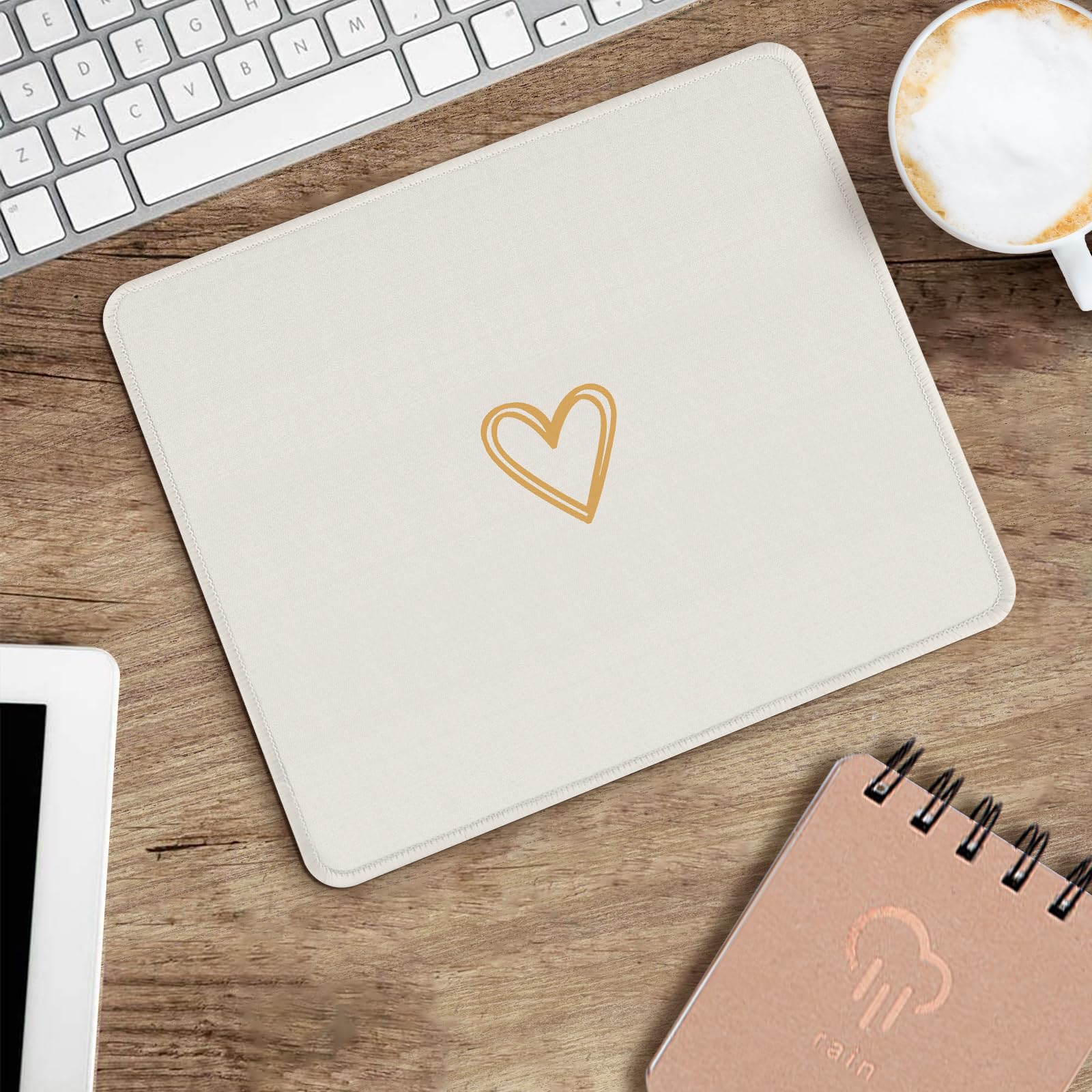 Seorsok Square Cute Heart Mouse Pad - Aesthetic Office & Home Computer Mouse Mat, Waterproof Non-Slip Rubber Base for Wireless Mouse, Beige - Perfect for Work, Gaming & Home Decor