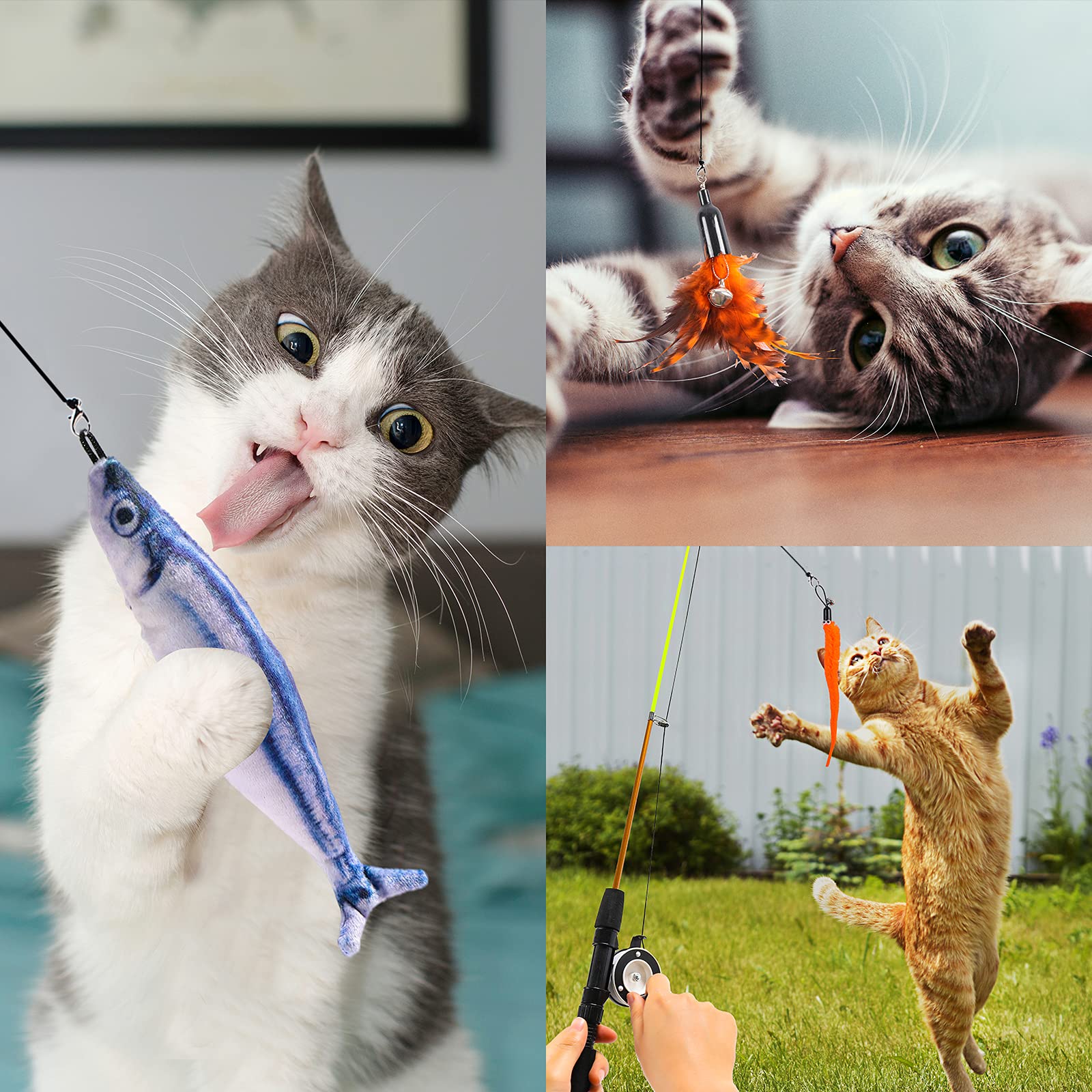 9 PCS Interactive Cat Fishing Pole Toy Set - Retractable Cat Wand with Feathers, Plush Fish, Worm & Bells - Catnip-Infused Kitten Teaser Toys for Indoor Play & Exercise