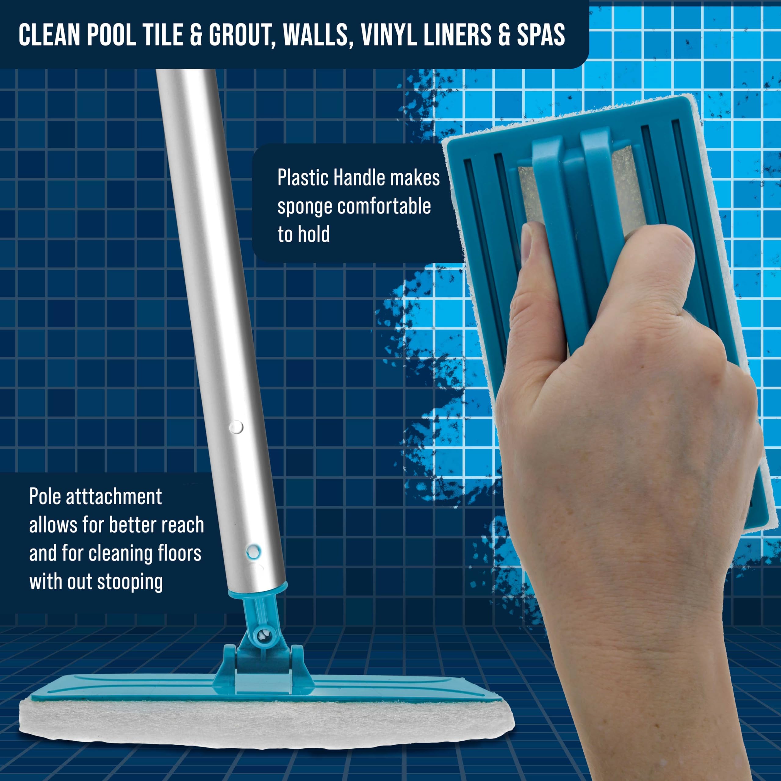 U.S. Pool Supply Handheld & Pole Attachment Scrub Brushes - Heavy Duty Surface Cleaning Sponge Pads for Pool Tile, Grout, Vinyl Liners & Spas - Stain Remover for Kitchen, Bathroom, Tub & Shower - Perfect for Pool Maintenance & Household Deep Cleaning