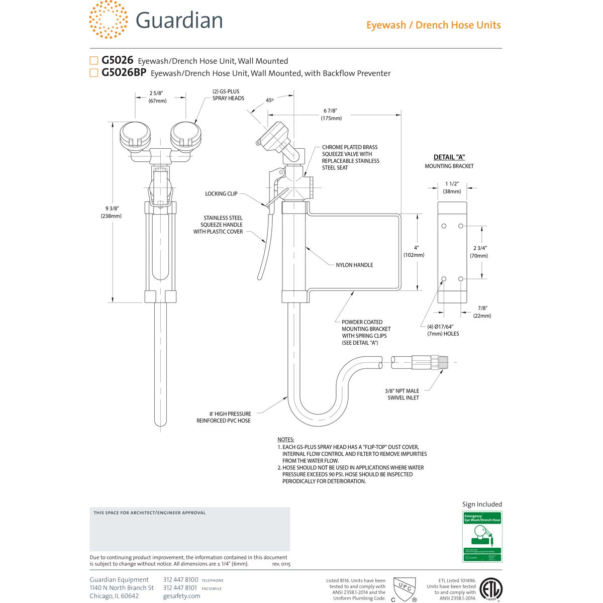 Guardian G5026 Wall Mounted Dual Head Emergency Eyewash & Drench Hose Station - OSHA Compliant Safety Equipment for Labs & Industrial Use