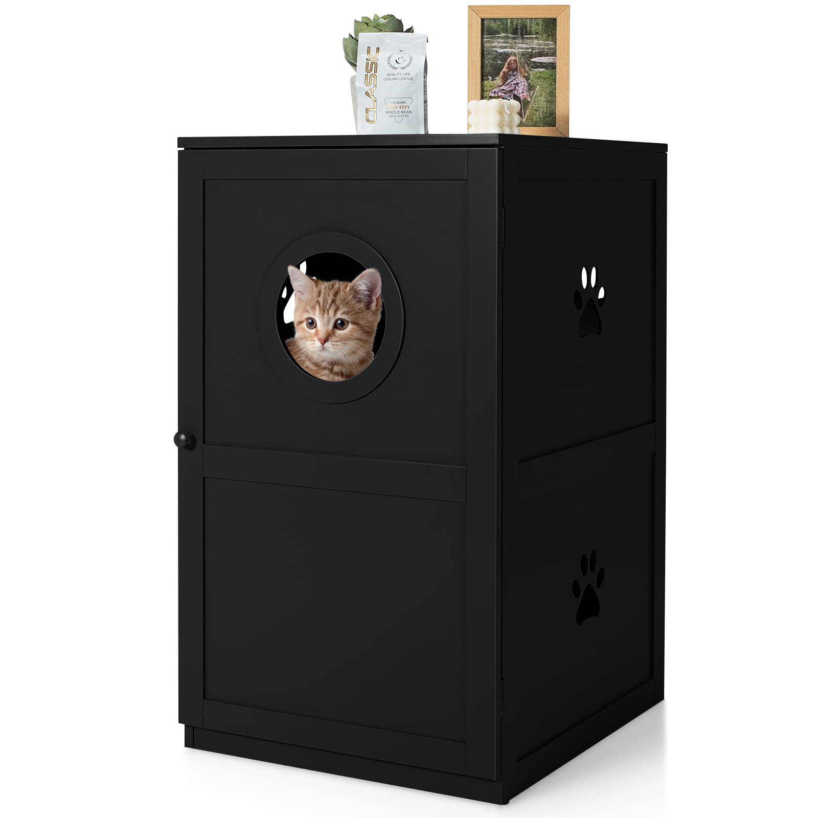 Tangkula 2-Tier Cat Litter Box Enclosure - Hidden Cat Washroom Furniture with Privacy Design, Anti-Toppling Device & Ventilation for Large Cats (Black) | Perfect for Home, Apartment & Pet-Friendly Spaces