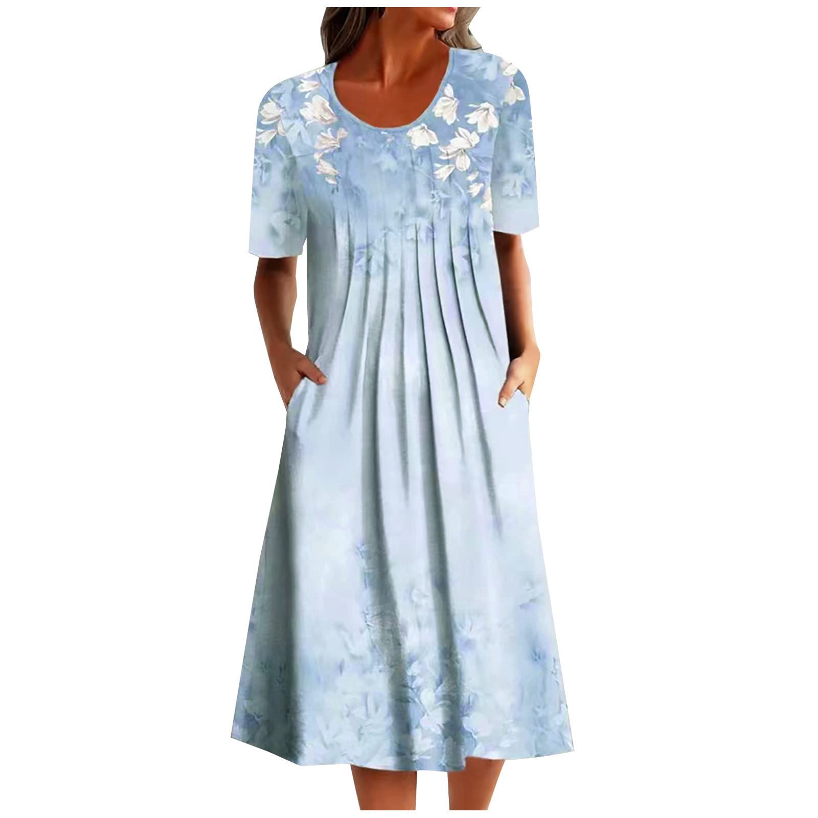 Anjikang Women's Short Sleeve Ruched Floral Print Midi Dress with Pockets - Summer Casual Crewneck Pleated T-Shirt Dress for Beach, Brunch & Date Nights
