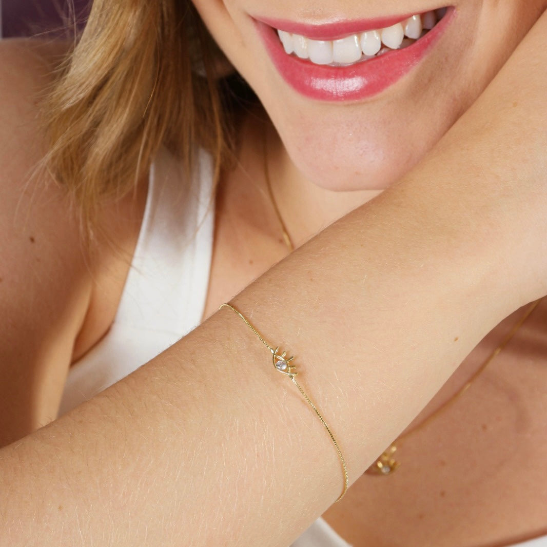 18K Gold Filled Dainty Eye Bracelet for Women - Elegant Adjustable Charm Bangle for Everyday Wear, Gift Giving & Spiritual Protection