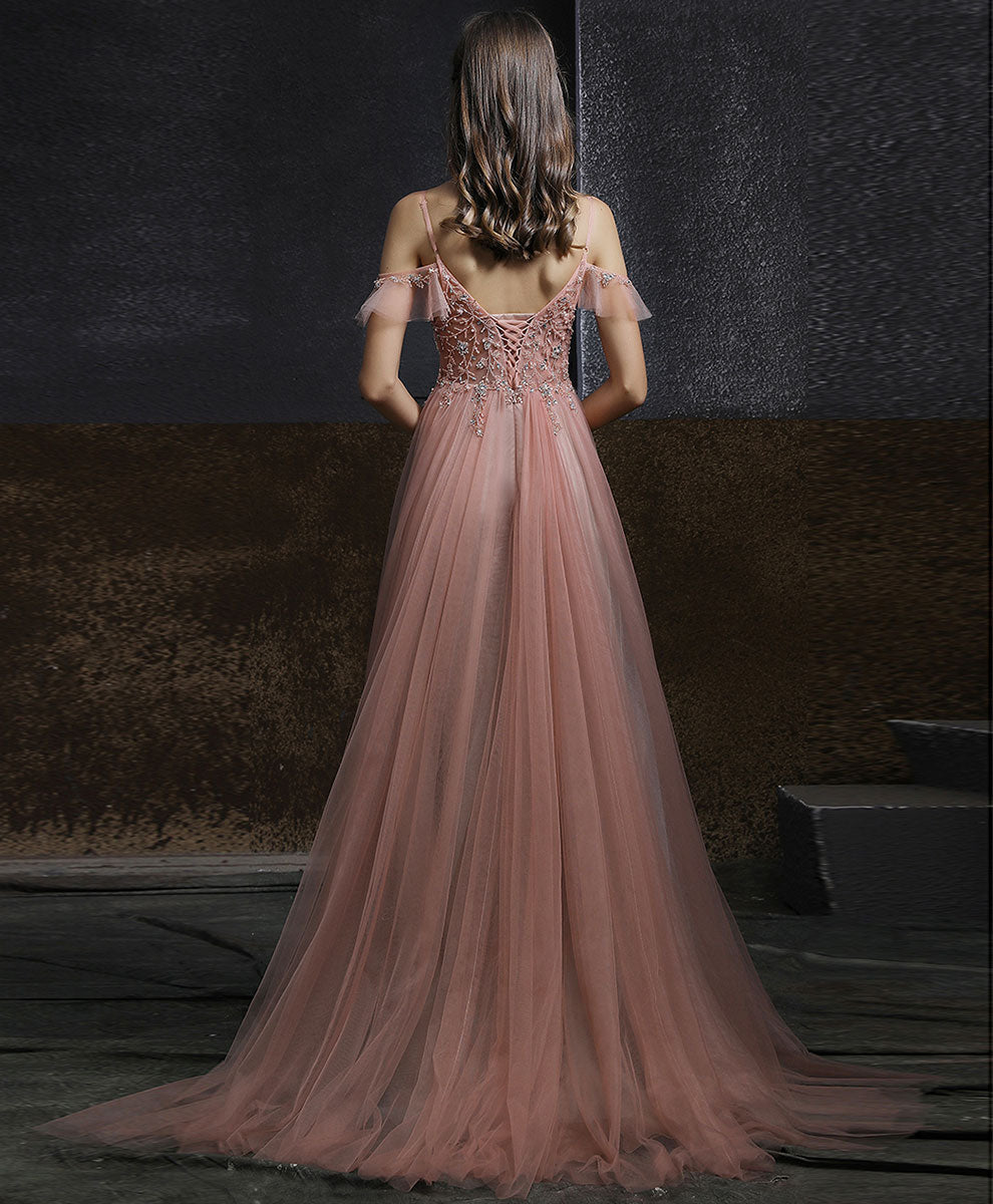 Elegant Pink V-Neck Tulle Beaded Long Prom Dress for Women | Formal Graduation Gown | Perfect for Homecoming, Ball, and Special Occasions