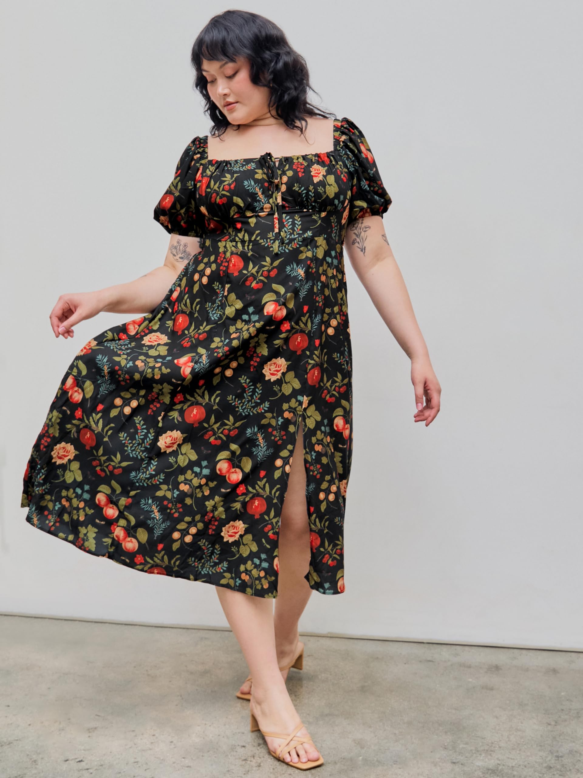 2024 Women's Plus Size CIDER Midi Dress - Floral Square Neck Puff Sleeve Summer Dress for Curvy Women | Perfect for Beach Vacations, Garden Parties & Date Nights