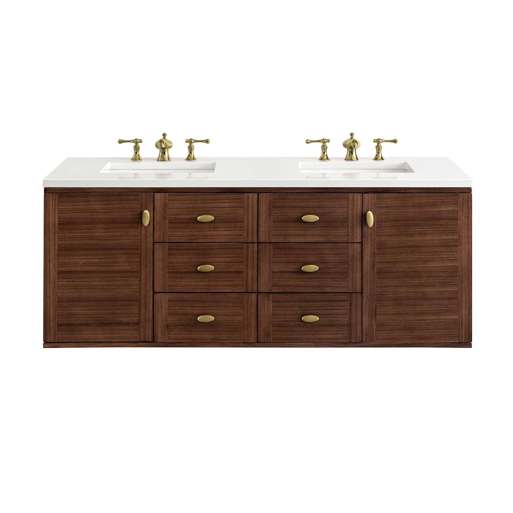 Amberly 60 Inch Double Bathroom Vanity with Mid-Century Modern Walnut Finish & 3CM White Zeus Quartz Top - Perfect for Master Bathroom Renovation and Modern Home Decor