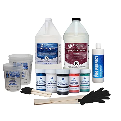 Crystal Clear Table Top Epoxy Resin Kit - 1 Gallon Bundle with Mixing Tools, 5-Color Pro-Mica Powder & Polishing Kit | DIY Countertops, Bar Tops, Art Projects & Wood Coating | Professional-Grade Marine Epoxy Supplies