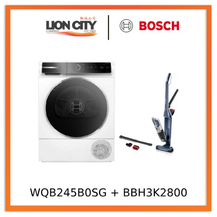 Bosch WQB245B0SG 8kg Heat Pump Dryer & BBH3K2800 Handstick Vacuum Cleaner Combo - Energy Efficient Laundry Solution with Powerful Cordless Cleaning for Home Use