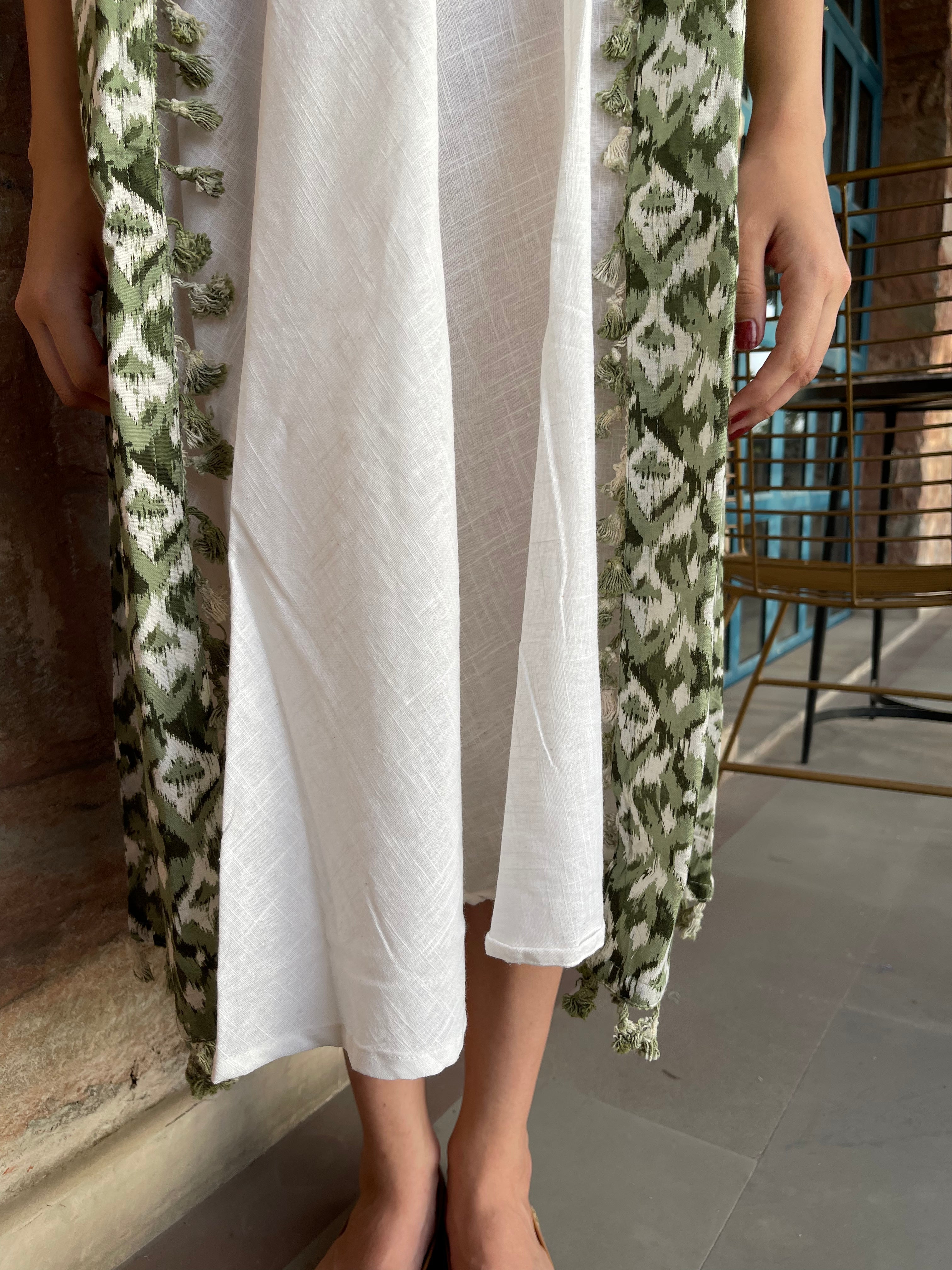 Elegant Green and White Maxi Dress with Jacket - Women's Summer Boho Chic Outfit for Beach, Wedding & Vacation