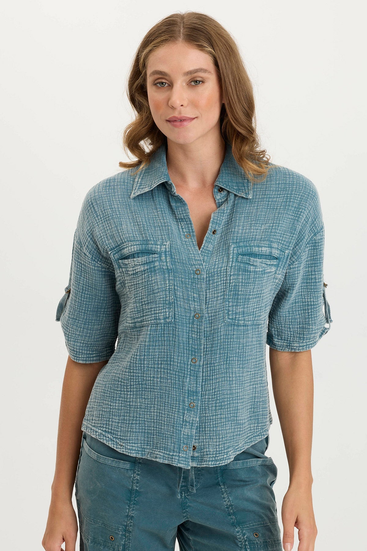 Maurise Women's Gauze Jersey Tabbed Sleeve Snap Up Top - Casual Loose Fit Blouse for Summer, Beach, and Boho Style Outfits