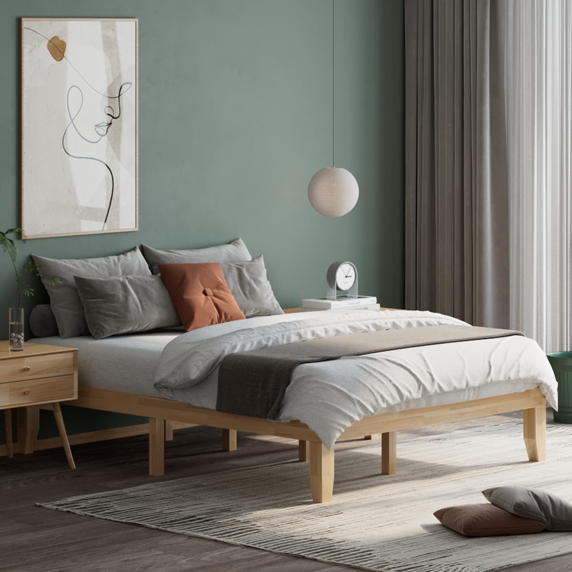 KOMFOTT 14 Inch Solid Wood Platform Bed Frame Queen Size - Sturdy Rubber Wood & Poplar Slat Support - No Box Spring Needed - Natural Finish - Perfect for Modern Bedrooms & Guest Rooms