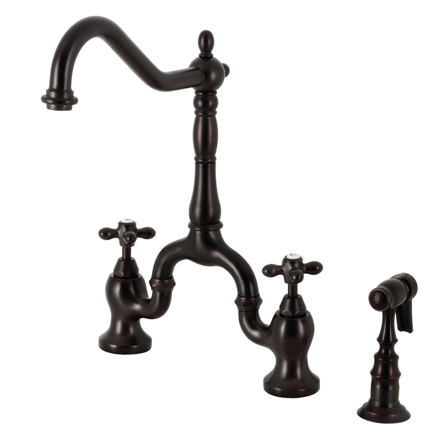 English Country Style Two-Handle 3-Hole Deck Mount Bridge Kitchen Faucet with Brass Side Sprayer - Perfect for Farmhouse, Cottage & Vintage Style Kitchens