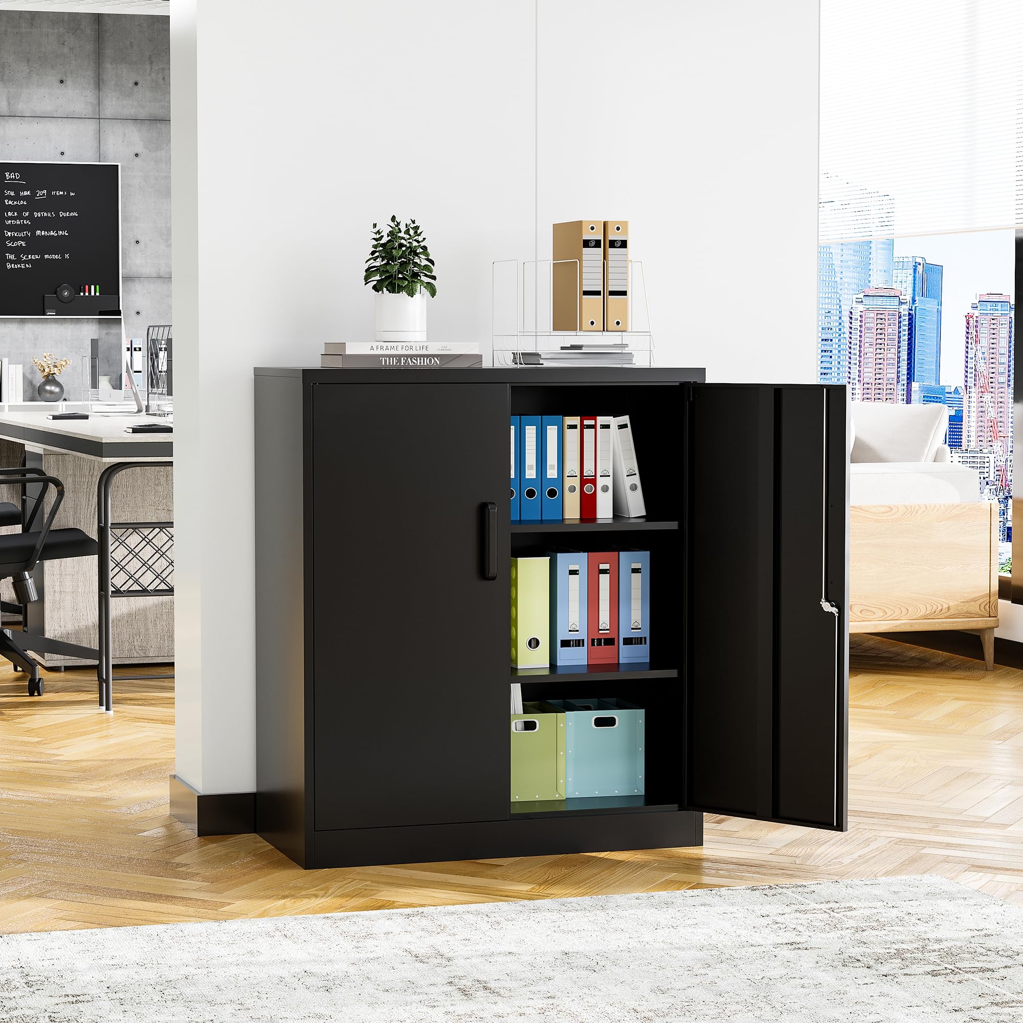 2-Door Lockable Metal Storage Cabinet with Adjustable Shelves - Heavy Duty Steel File Cabinet for Office, Home & Garage - Secure Tool Storage & Organization Solution
