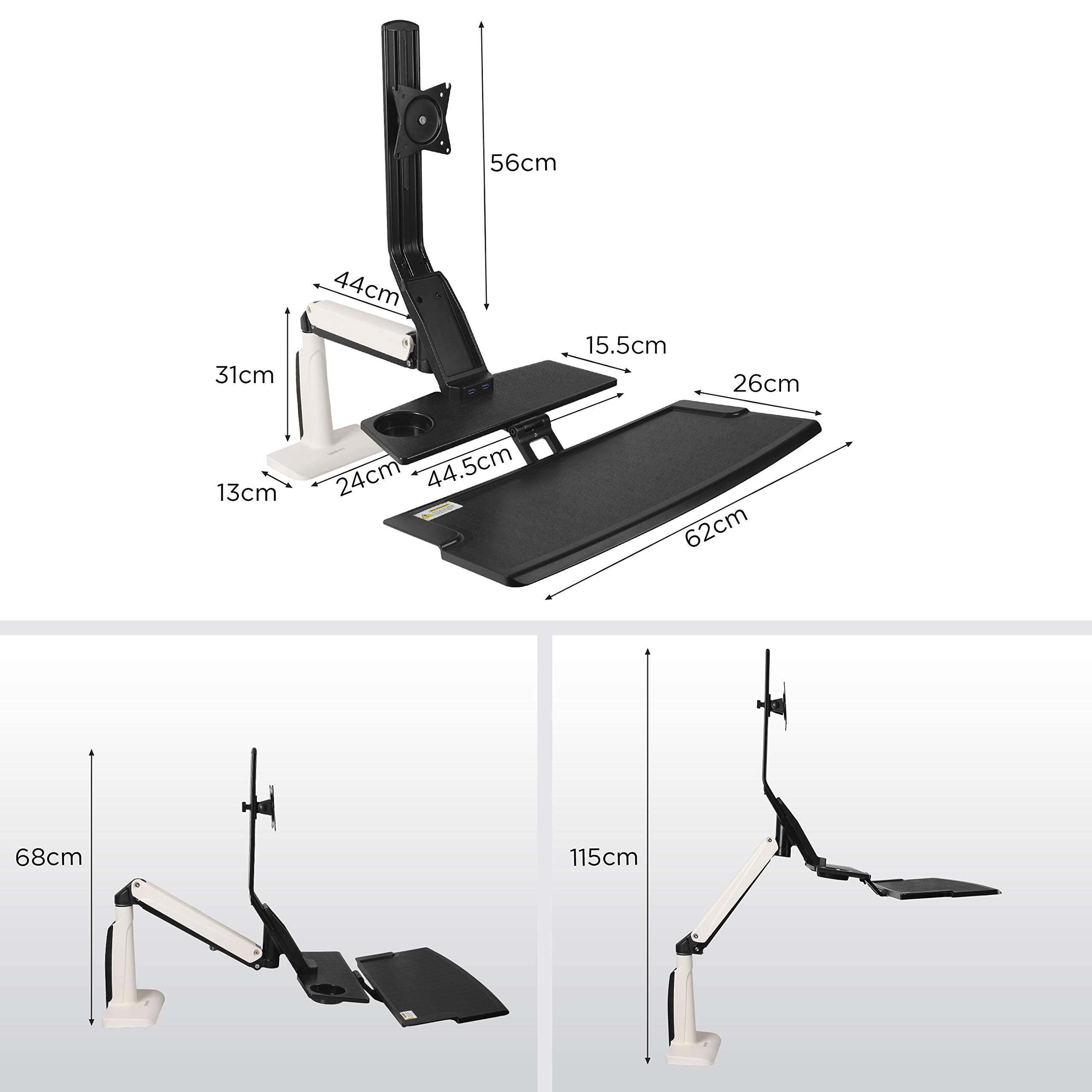Duronic DM1K1X1 Adjustable Sit Stand Desk Mount - Ergonomic Monitor Arm with Keyboard Tray for LCD/LED Screens | Height Adjustable Workstation Converter | 360° Rotation & ±15° Tilt | USB Port | Perfect for Home Office & Gaming Setup