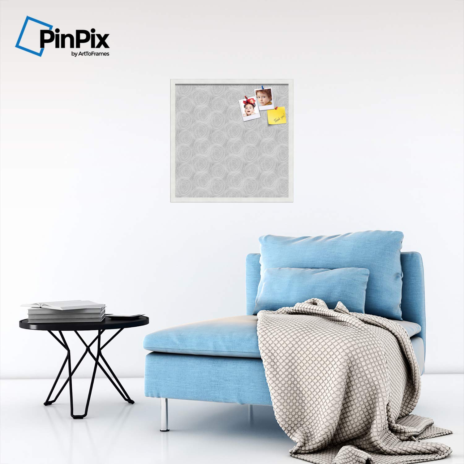 Custom 22x22 Inch Cork Bulletin Board with Fabric-Style Canvas Finish - Framed in Satin White for Office, Classroom or Home Decor - PinPix ArtToFrames Sketch Circles Grey Poster Board (PinPix-1924)