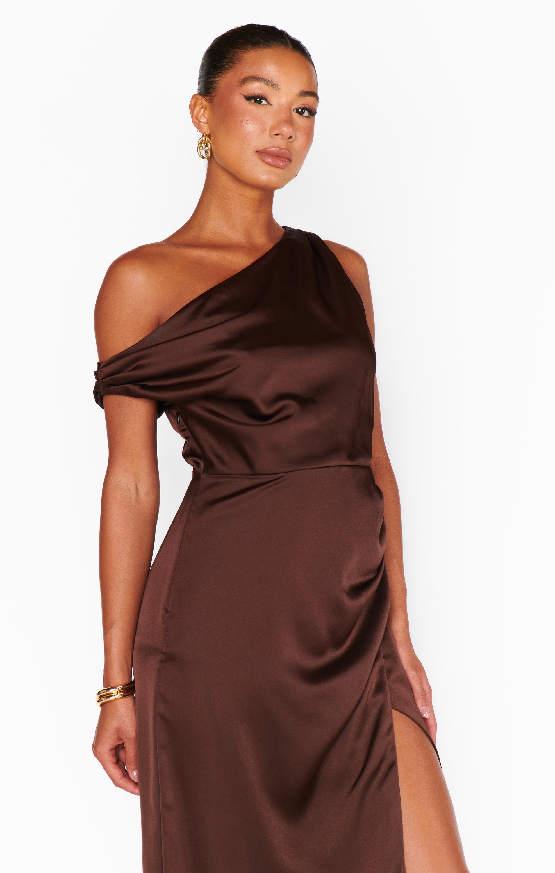 Jodie Dress - Chocolate Luxe Satin Midi Dress for Women | Elegant Formal & Party Wear | Perfect for Weddings, Cocktails & Evening Events