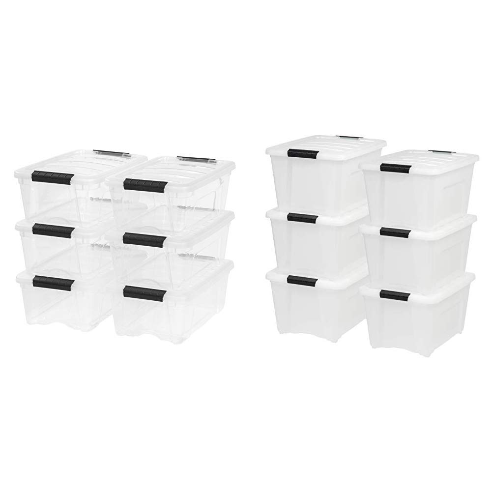 IRIS USA 12 Quart & 32 Quart Stackable Plastic Storage Bins - 6-Pack Clear & Pearl Organizer Boxes with Water-Resistant Design for Home, Office, or Closet Organization