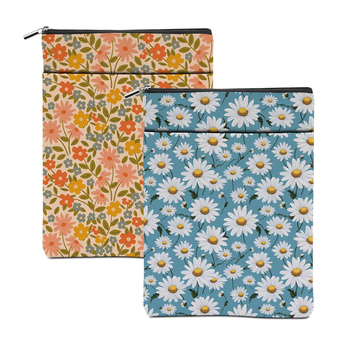 2 Pack Daisy Floral Book Sleeves - Washable Hardcover Book Covers for Women & Girls - Perfect Reading Accessories for Book Lovers, Book Club Gifts & Bibliophiles - Great for Libraries, Coffee Shops & Travel Reading
