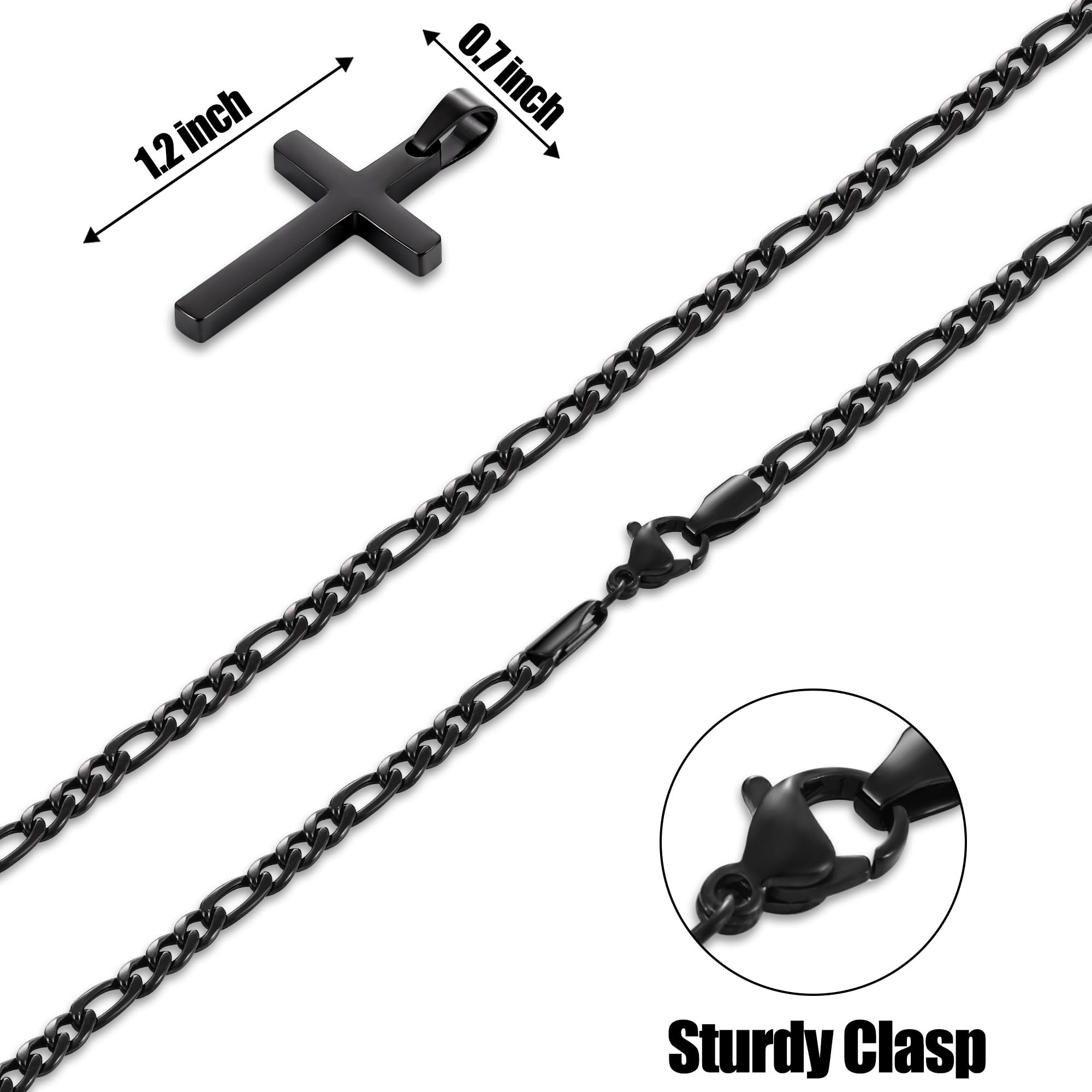 Fiusem Black Stainless Steel Cross Necklace for Men - 3.5mm Figaro Chain, Adjustable 16-24 Inch Pendant | Religious Jewelry Gift for Him, Everyday Wear & Special Occasions