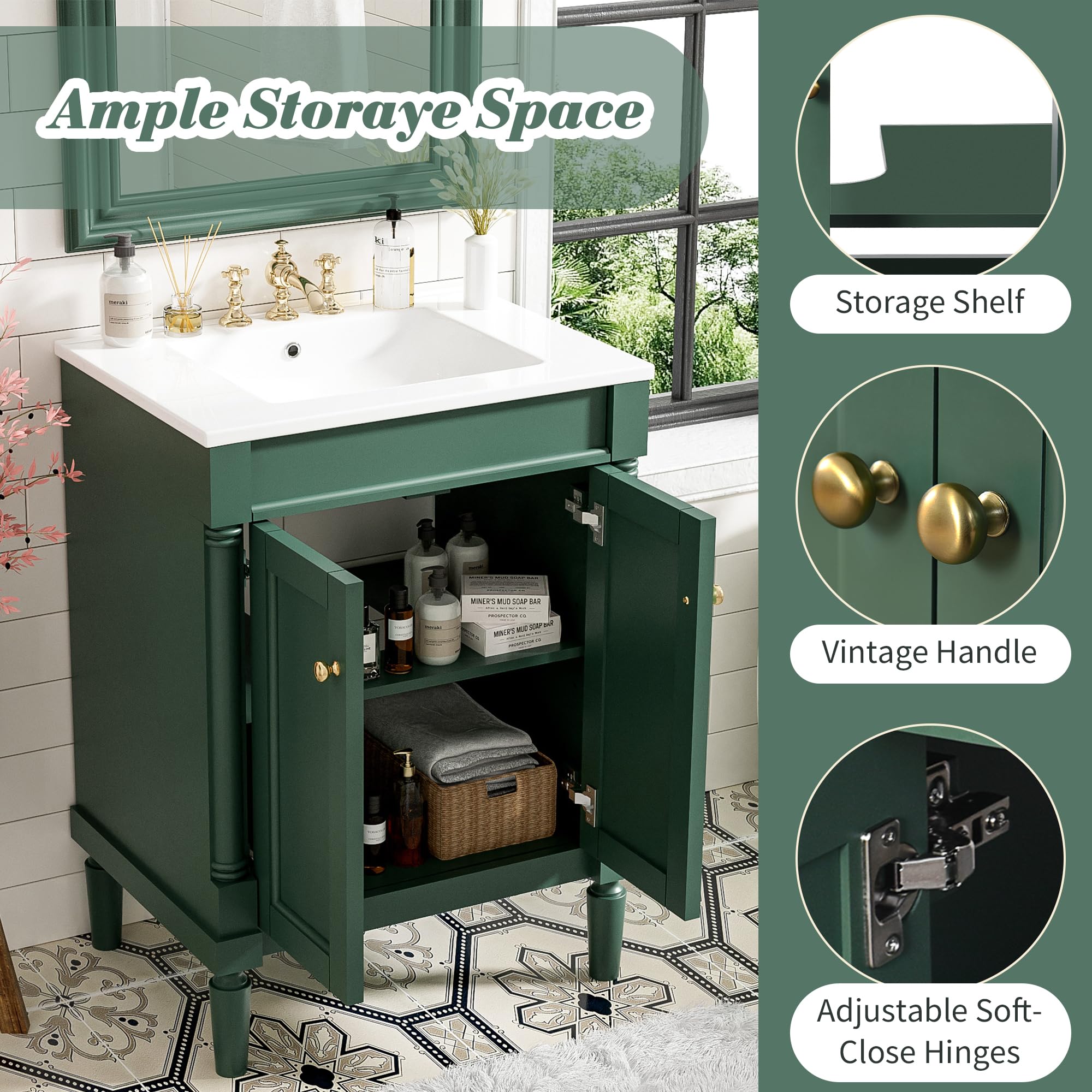 Merax 24 Inch Bathroom Vanity with Sink - Small Powder Room Vanity with 2-Door Cabinet & Undermount Sink, Solid Wood Frame Storage Cabinet in Vogue Green | Perfect for Compact Bathrooms, Guest Baths & Apartment Remodels