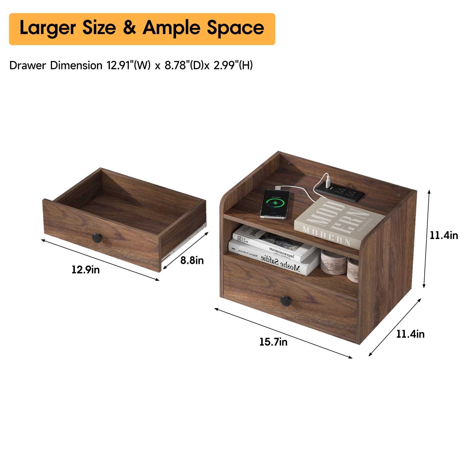 Modern Floating Nightstand Set of 2 - Wall Mounted Bedside Tables with Drawer, Open Shelf & USB Charging Station - Brown Walnut Finish - Perfect for Small Bedrooms, Apartments & Space-Saving Home Decor