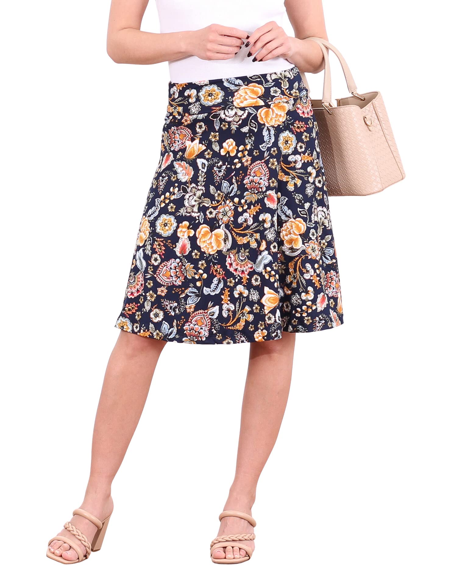 Popana Women's Casual Knee-Length A-Line Stretch Midi Skirt - Plus Size Comfortable Elastic Waist Flowy Summer Skirt - Made in USA - Perfect for Office, Beach, Date Night & Casual Outings