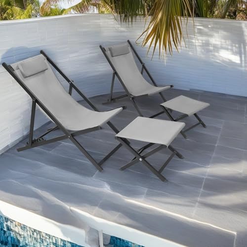 Grey-sling Chairs With Ottomans