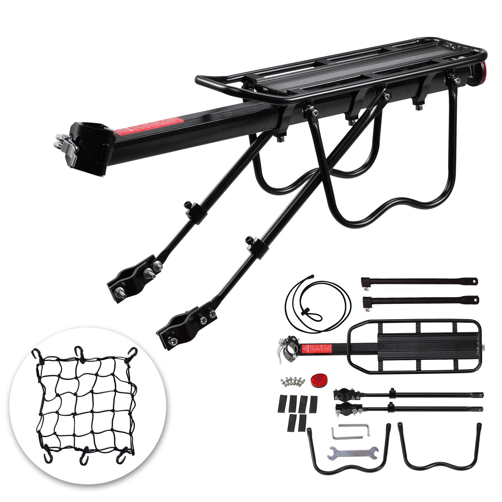 Voilamart Universal Quick Release Rear Bike Rack - Aluminum Alloy Adjustable Bicycle Cargo Carrier with Net (115 LBS Capacity) - Perfect for Commuting, Touring & Grocery Hauling