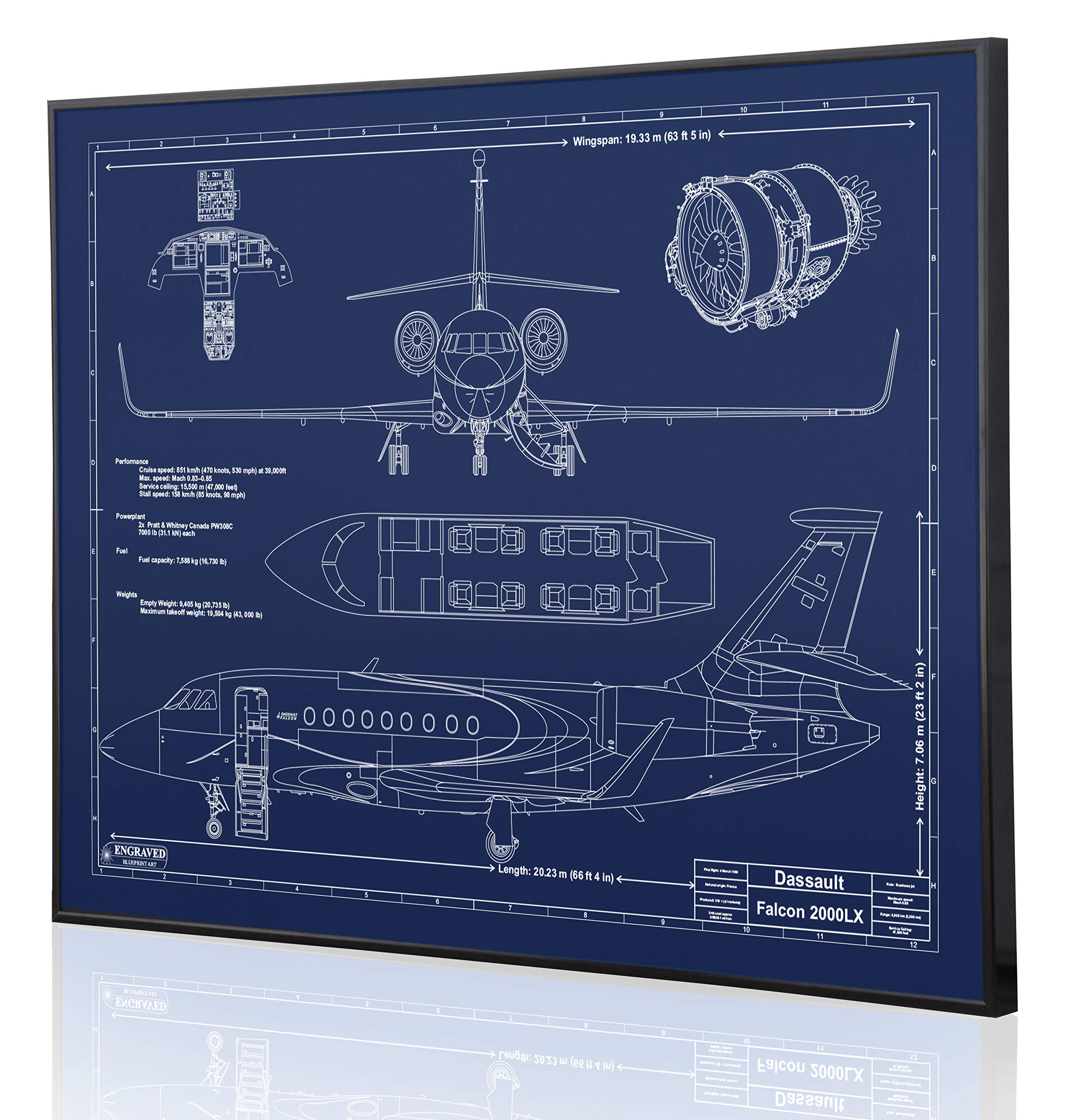 Custom Dassault Falcon 2000LX Blueprint Artwork - Laser Engraved Aviation Decor - Unique Pilot Gift for Home & Office Display