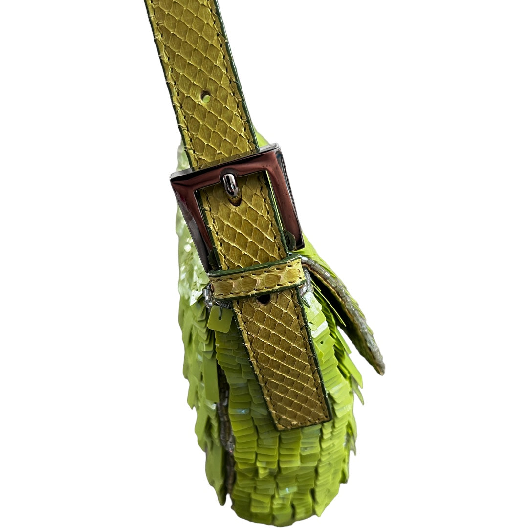 Vintage Fendi Green Sequin Baguette Bag - Luxury Designer Shoulder Purse for Women, Perfect for Evening Parties & Special Occasions