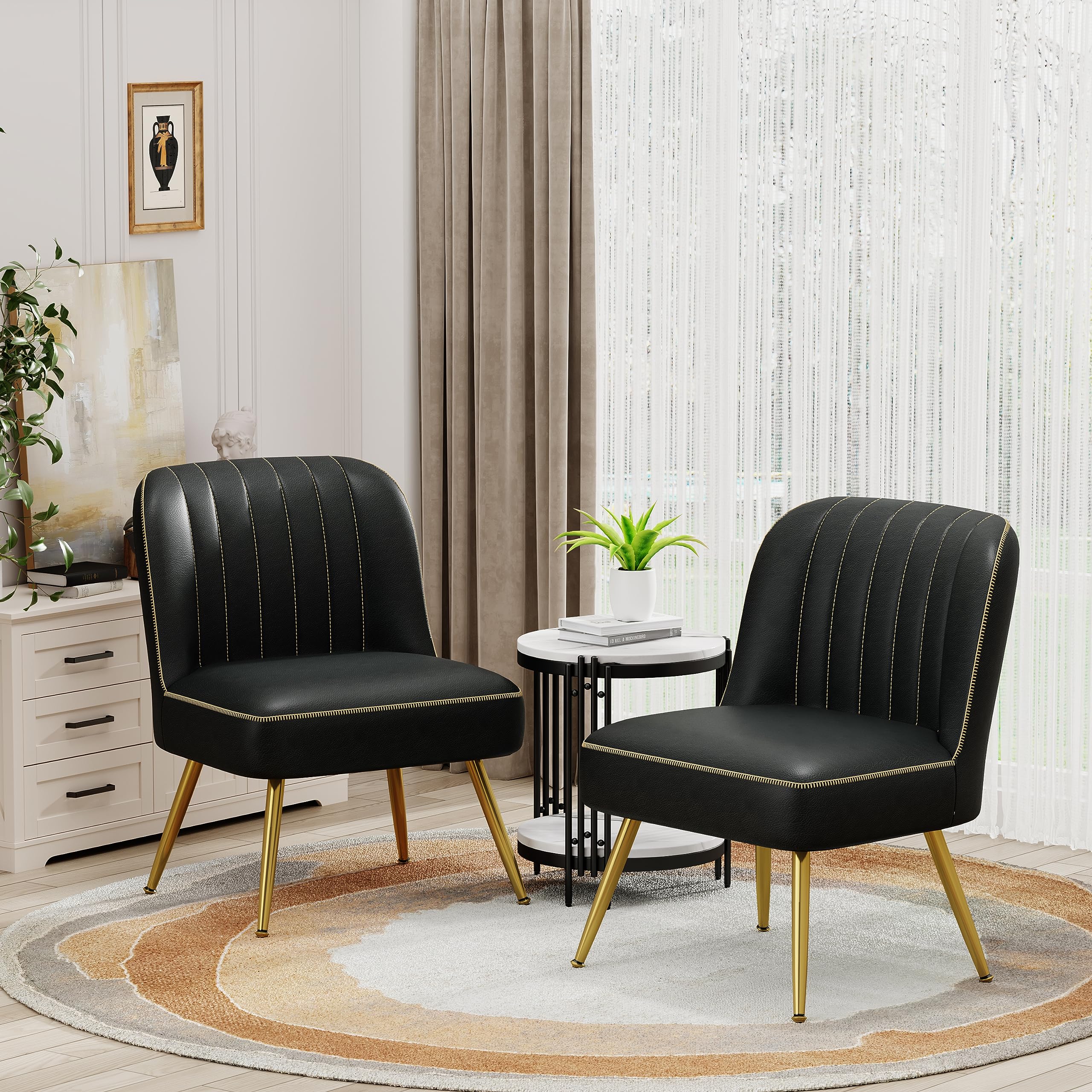 Andeworld 2-Piece Modern Accent Chair Set - Upholstered Leather Living Room Chairs, Elegant Armless Small Side Club Chairs with Golden Legs for Bedroom, Office or Lounge - Black