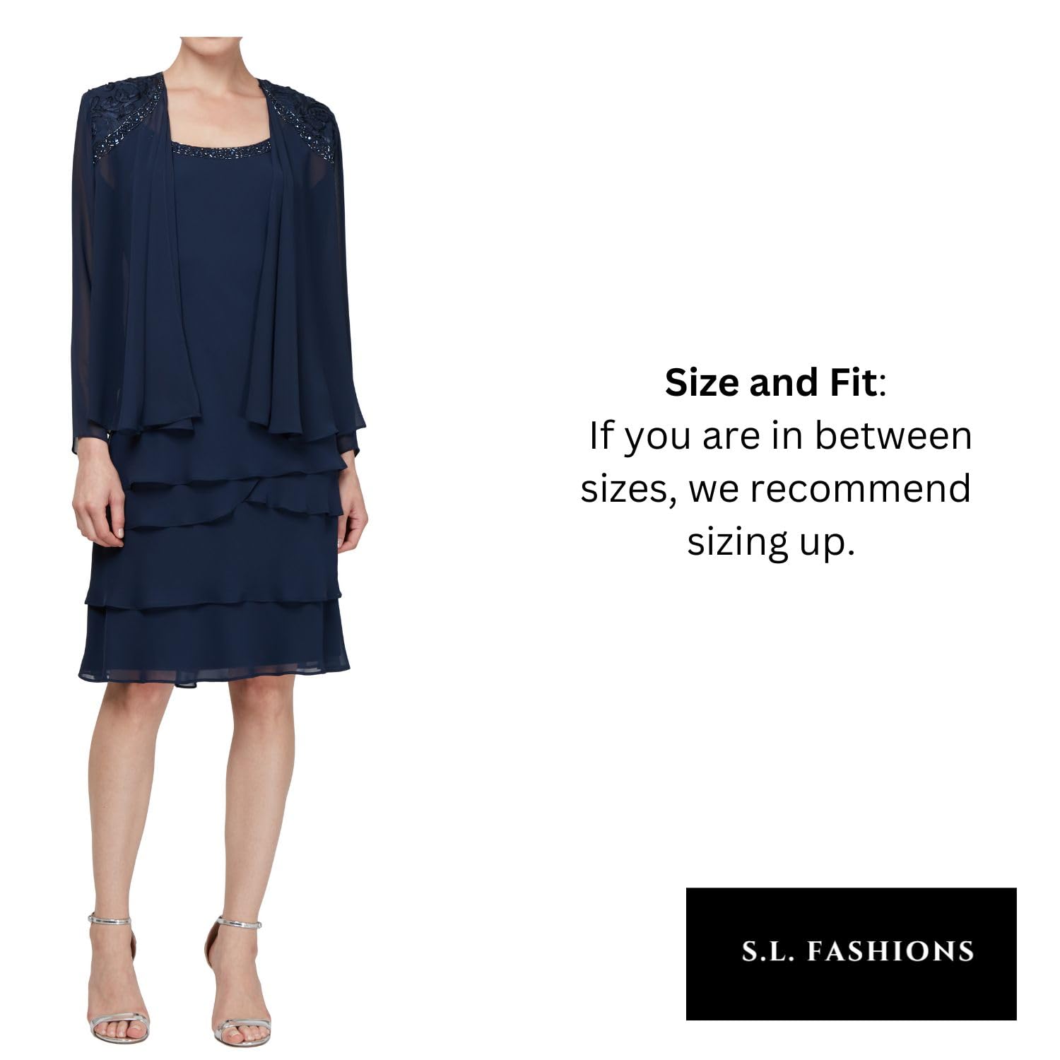 Elegant Women's Mother of The Bride Tiered Jacket Dress with Shoulder Embellishment - Petite & Regular Sizes | Formal Wedding Guest Outfit for Special Occasions
