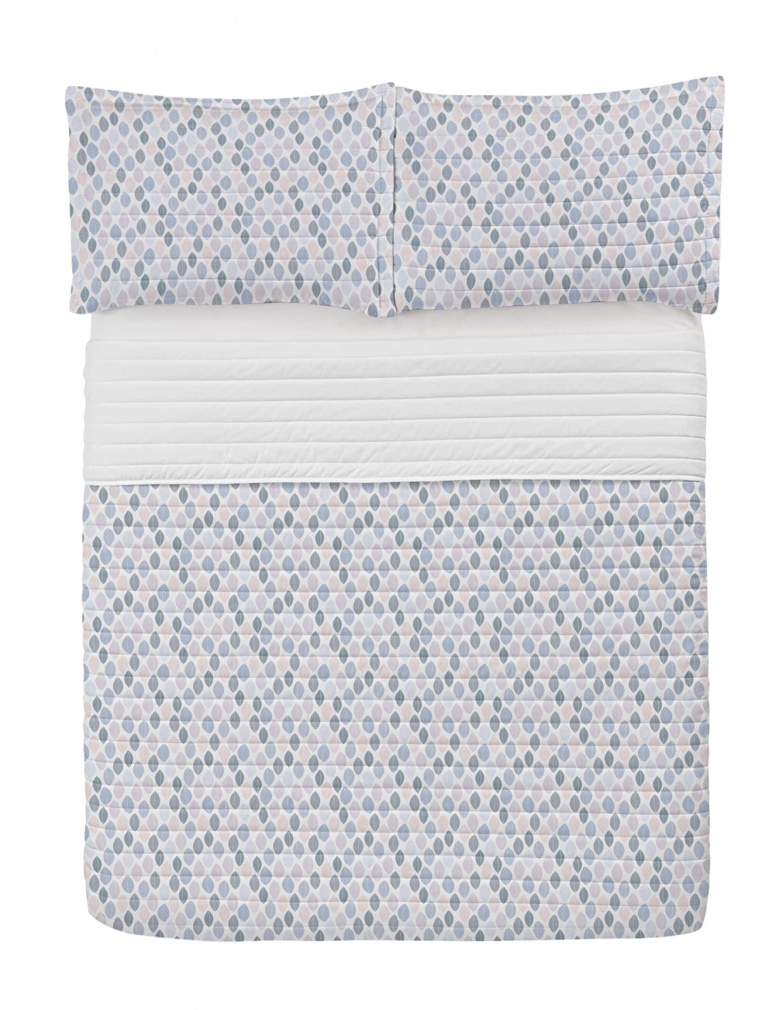 Ambesonne Neutral Microfiber Bedspread Set - Minimalist Leaves Foliage Pattern Queen Size Bedding with Pillow Shams & Comforter in White & Pale Ceil Blue | Soft Microfiber Bedspread for Modern Bedroom Decor, Guest Room & Cozy Home Styling