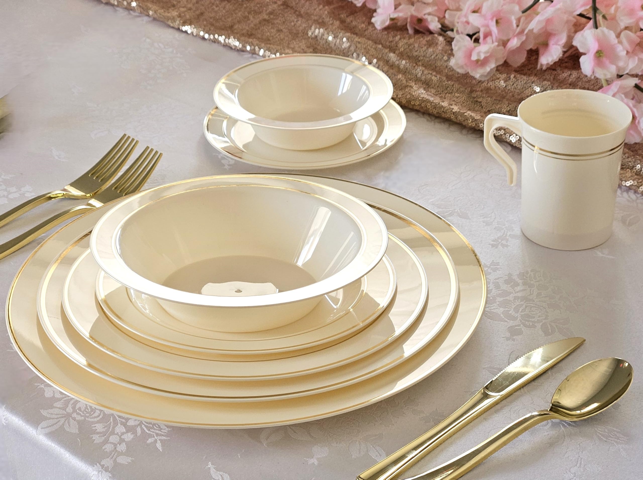 60-Pack Ivory & Gold Rim Disposable Plastic Charger Plates - 12 Inch Elegant Wedding & Party Dinner Plates for Formal Events, Banquets, and Special Occasions