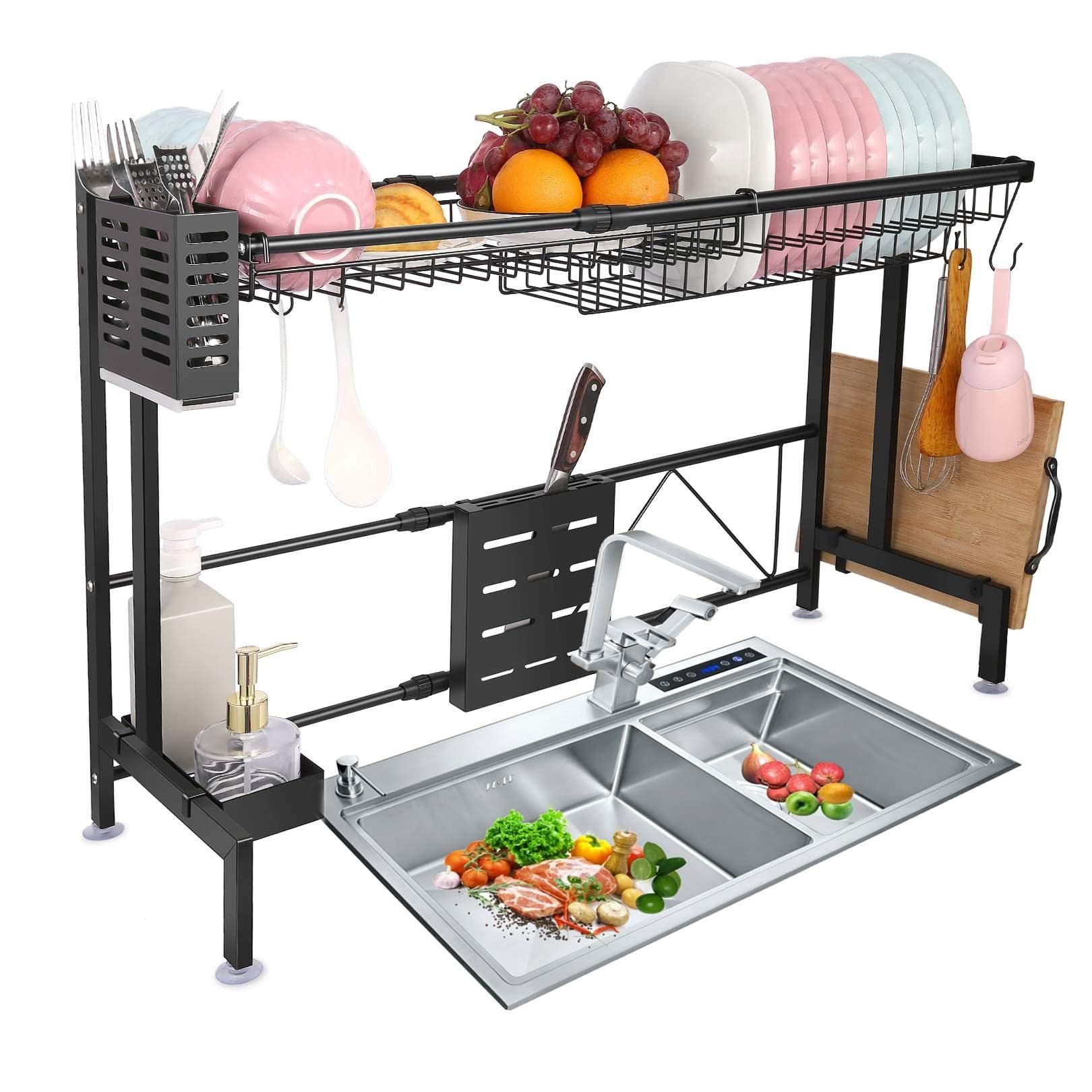 Adjustable 2-Tier Stainless Steel Dish Drying Rack - Over The Sink Kitchen Organizer, Space Saving Utensil Holder & Drainer - Perfect for Small Kitchens, Apartments, and Dish Storage (Warehouse Clearance)