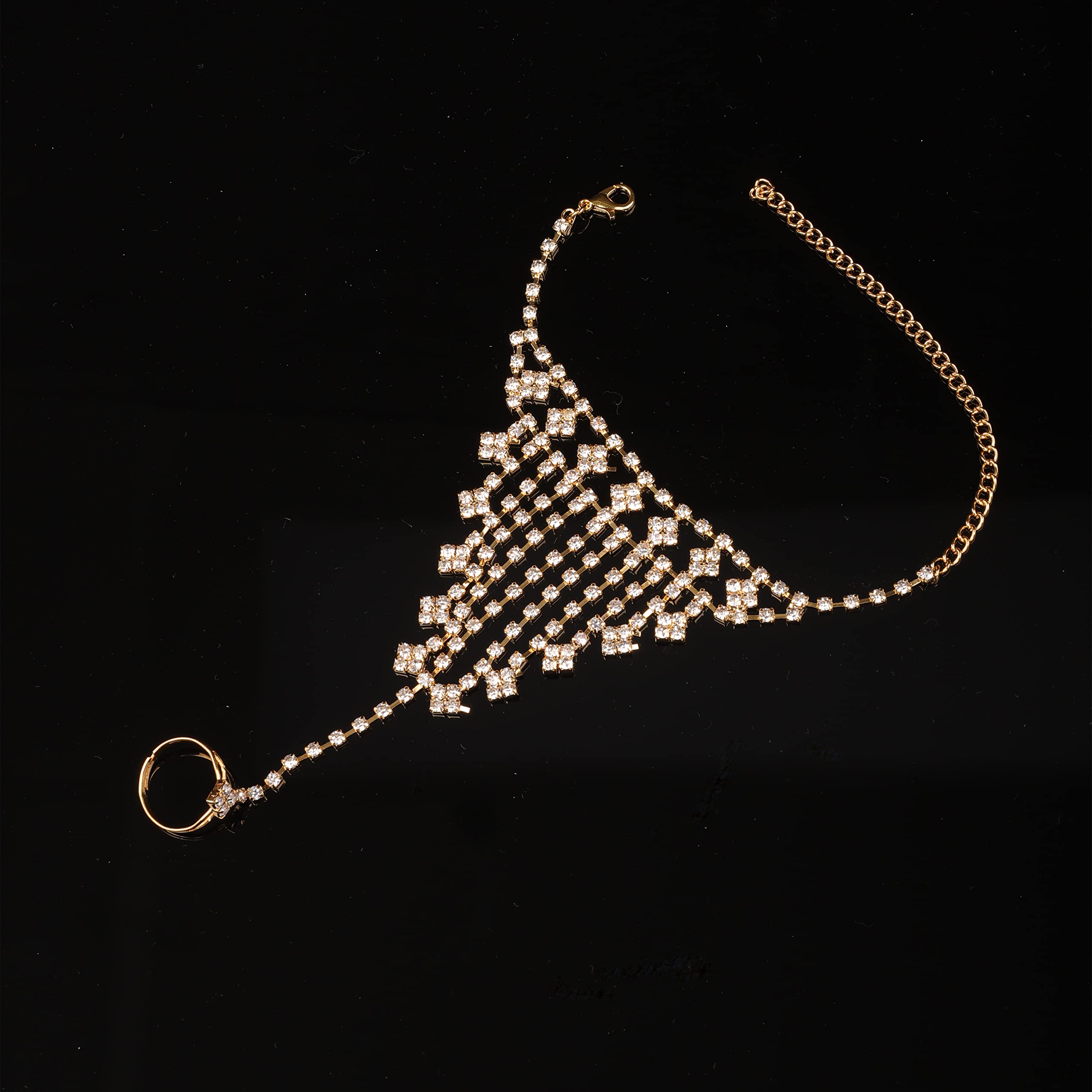 Elegant Sparkly Rhinestone Bridal Slave Chain Link Bracelet - Silver & Gold Crystal Wedding Hand Harness Bangle with Adjustable Finger Rings - Women's Jewelry Accessories for Bridal Party, Prom, Evening Gala & Special Occasions (Style 6)