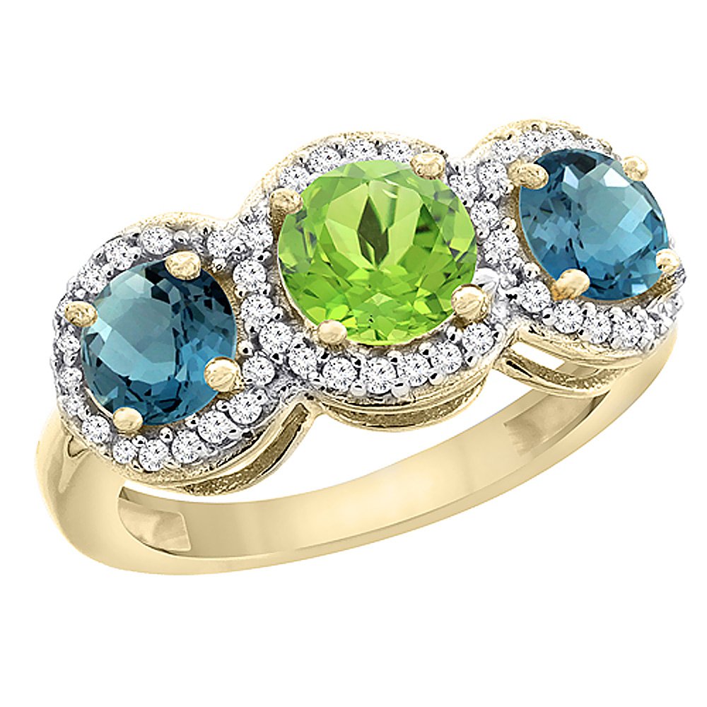 14K Yellow Gold Natural Peridot & London Blue Topaz Three Stone Ring with Diamond Accents - Size 5-10 | Elegant Birthstone Jewelry for Anniversary, Engagement & Special Occasion Gifts