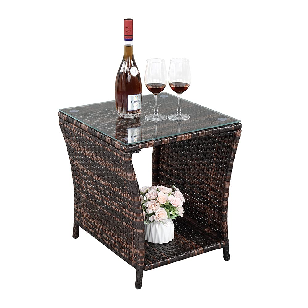 HomVent Outdoor Wicker Rattan Side Table with Tempered Glass Top - Square Coffee Table & End Table with Storage for Patio, Garden, Balcony, Courtyard - Perfect for Relaxing, Entertaining & Outdoor Decor