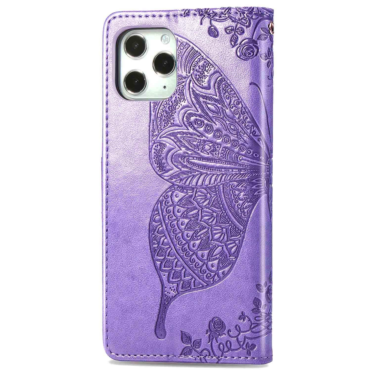 Premium iPhone 12 Pro Max Case 6.7 inch (2020) - Wallet Case with Card Holder & Strap, 3D Embossed Butterfly Design, PU Leather Flip Cover in Blue - Perfect for Women, Girls & Everyday Use