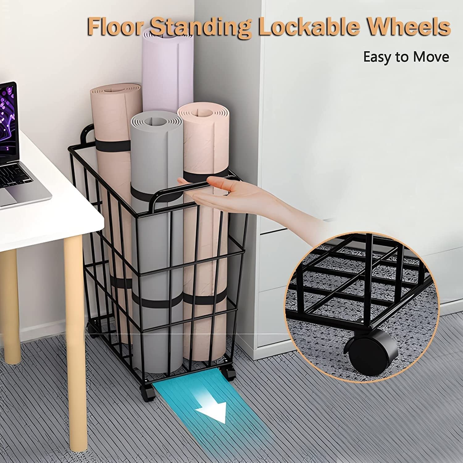 Metal Yoga Mat Organizer Basket with Wheels & Handle - Floor Standing Yoga Mat Holder Storage Cart for Home Gym, Fitness Room & Yoga Studio - Portable Mobile Yoga Equipment Organizer for Easy Mat Storage & Transport
