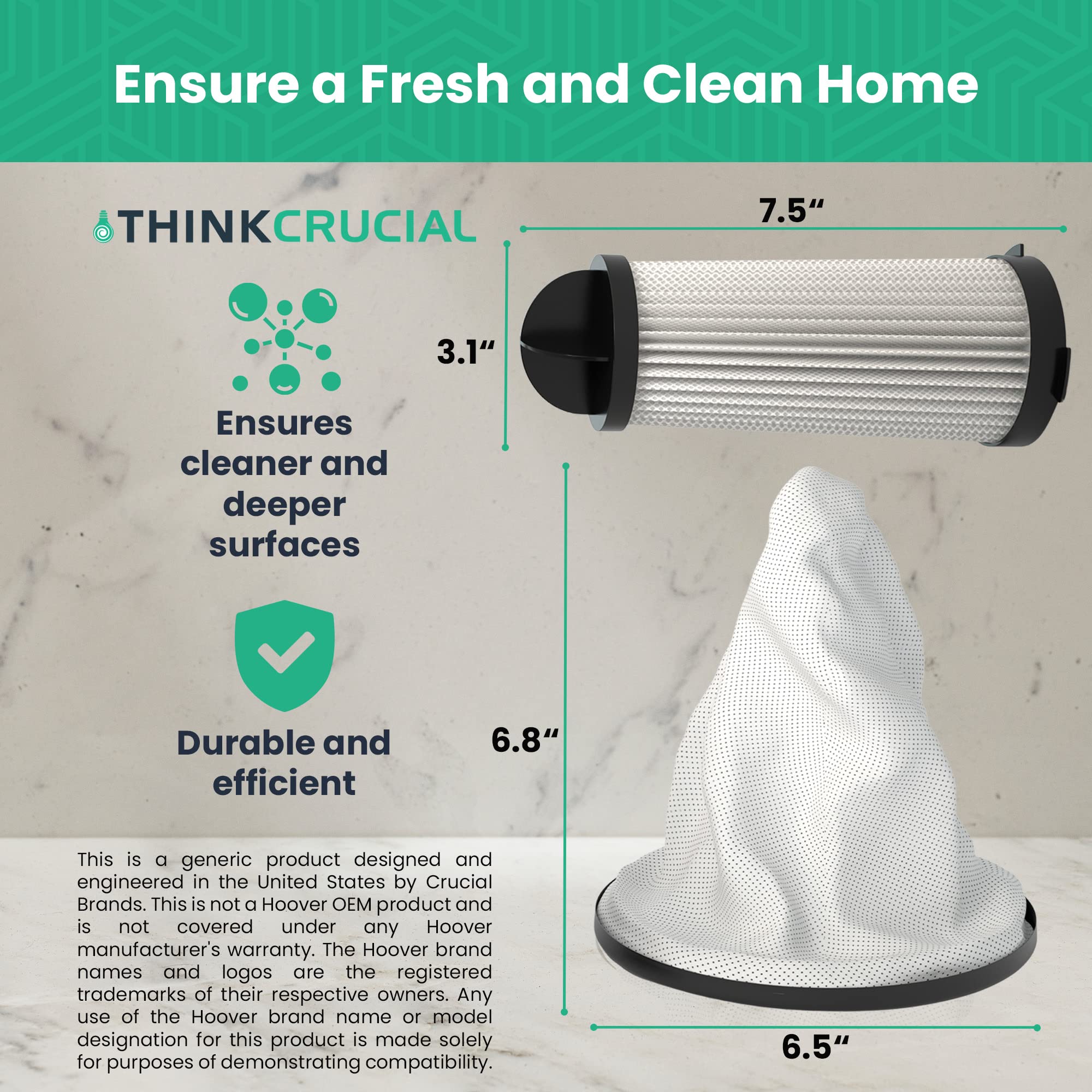 Think Crucial Replacement Vacuum Bag and Filter - Compatible with Hoover Part #2KE2110000, 2-KE2110-000 - Fits Hoover Vacuum Models C2401, RY4001 - Bulk (1 Bag & 1 Filter) - Perfect for Home Cleaning, Pet Hair Removal, and Allergen Reduction