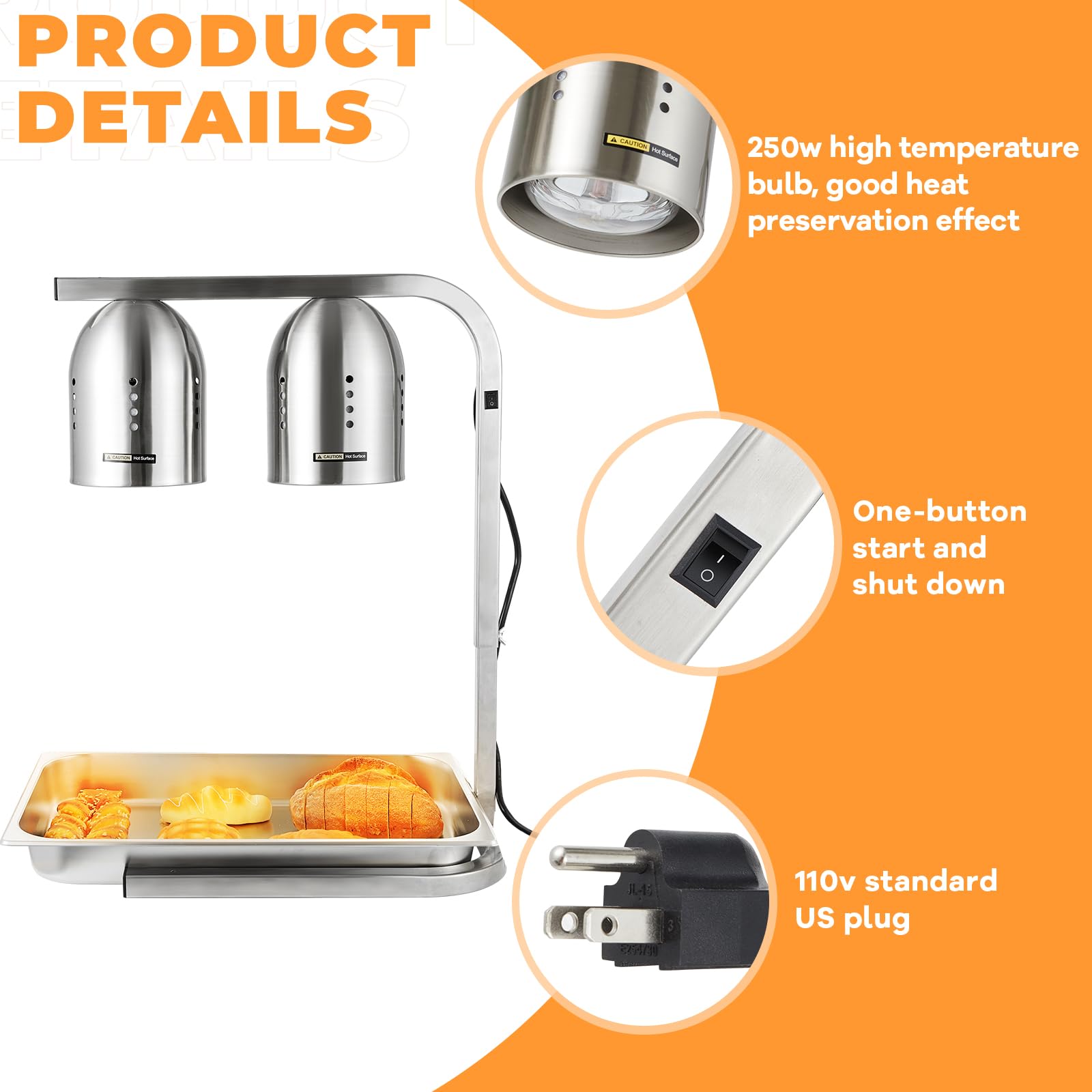 Commercial Food Warmer Heat Lamp - 110V Stainless Steel Electric Food Heat Lamp with 2 Pans & Adjustable Frame - Perfect for Restaurants, Buffets, Hotels & Party Catering - Keep Food Warm for Serving